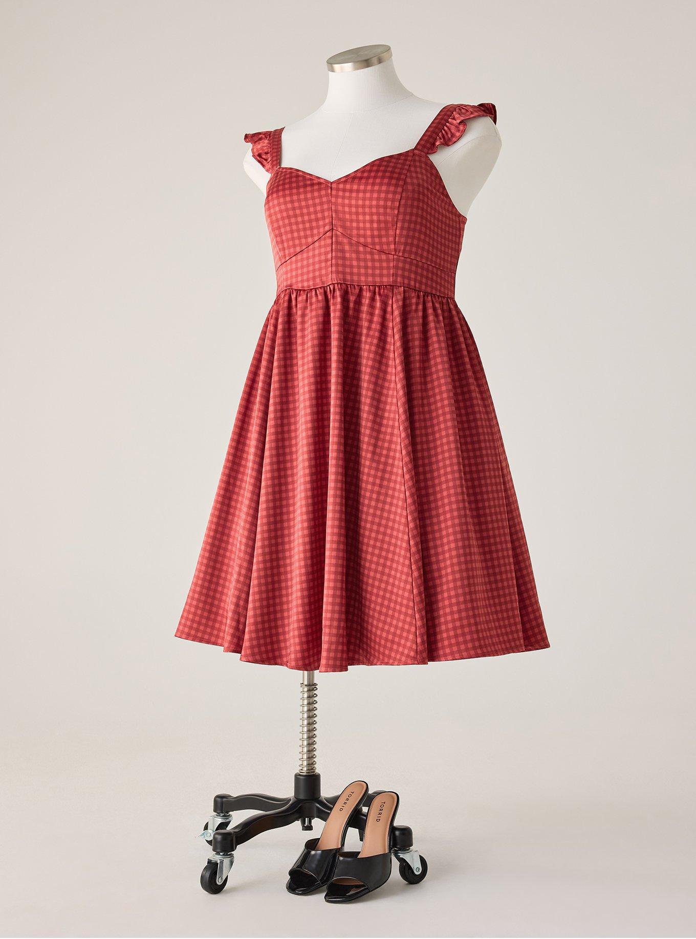 Retro Chic Flutter Sleeve Swing Dress, SOPHIE GINGHAM  BEET, flat