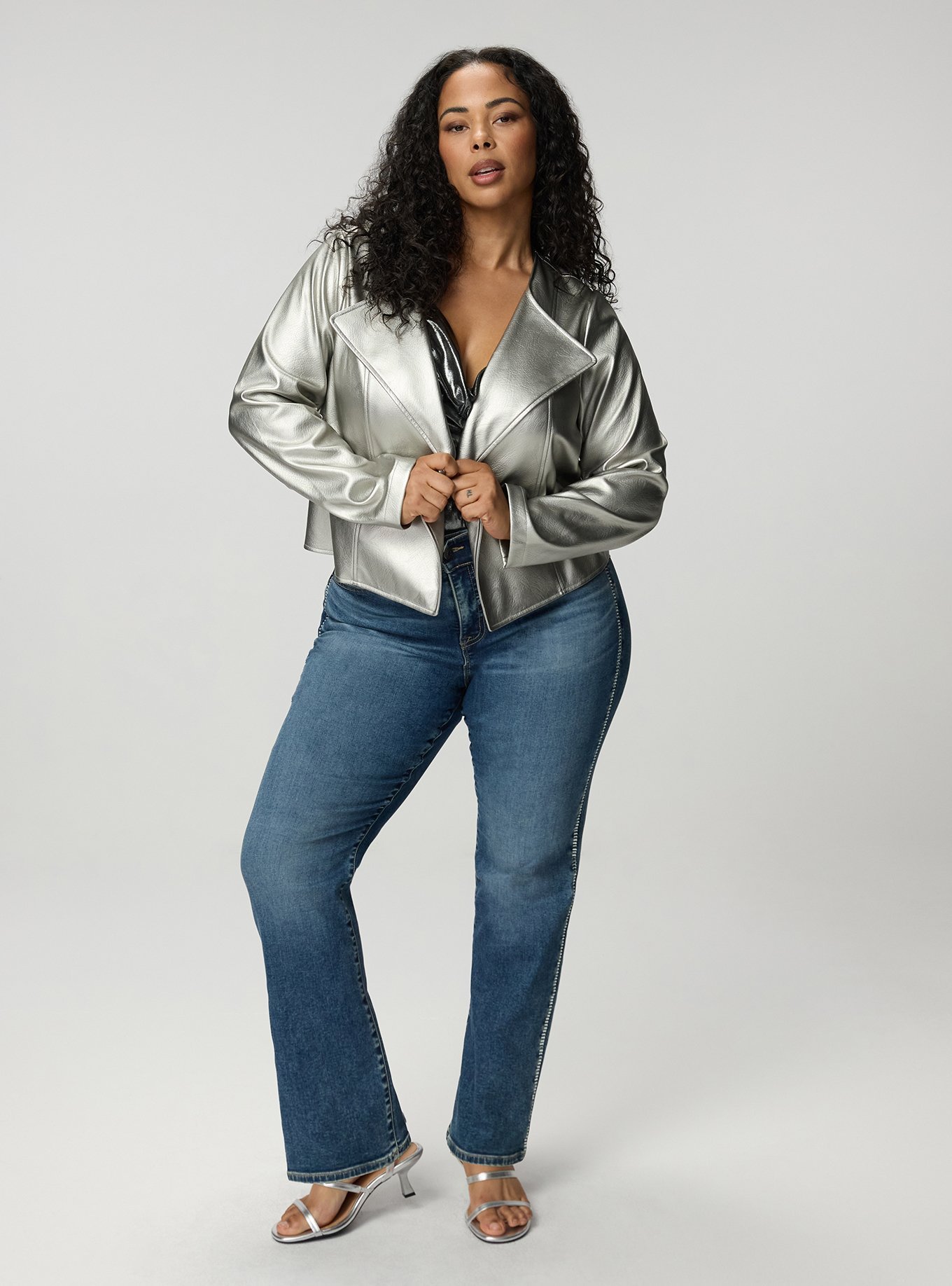 Collarless Open Moto Jacket, METALLIC SILVER, alternate