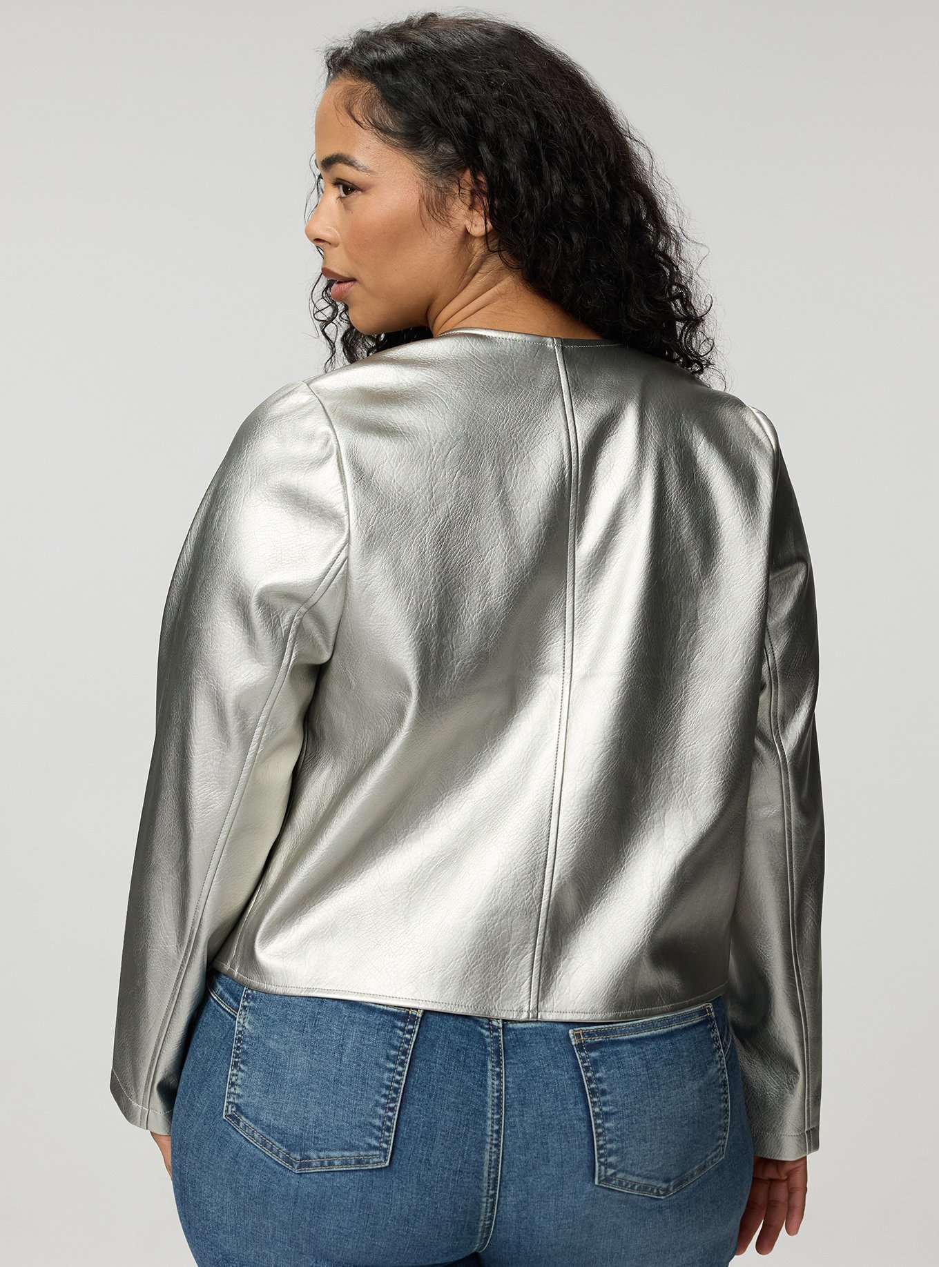 Collarless Open Moto Jacket, METALLIC SILVER, alternate