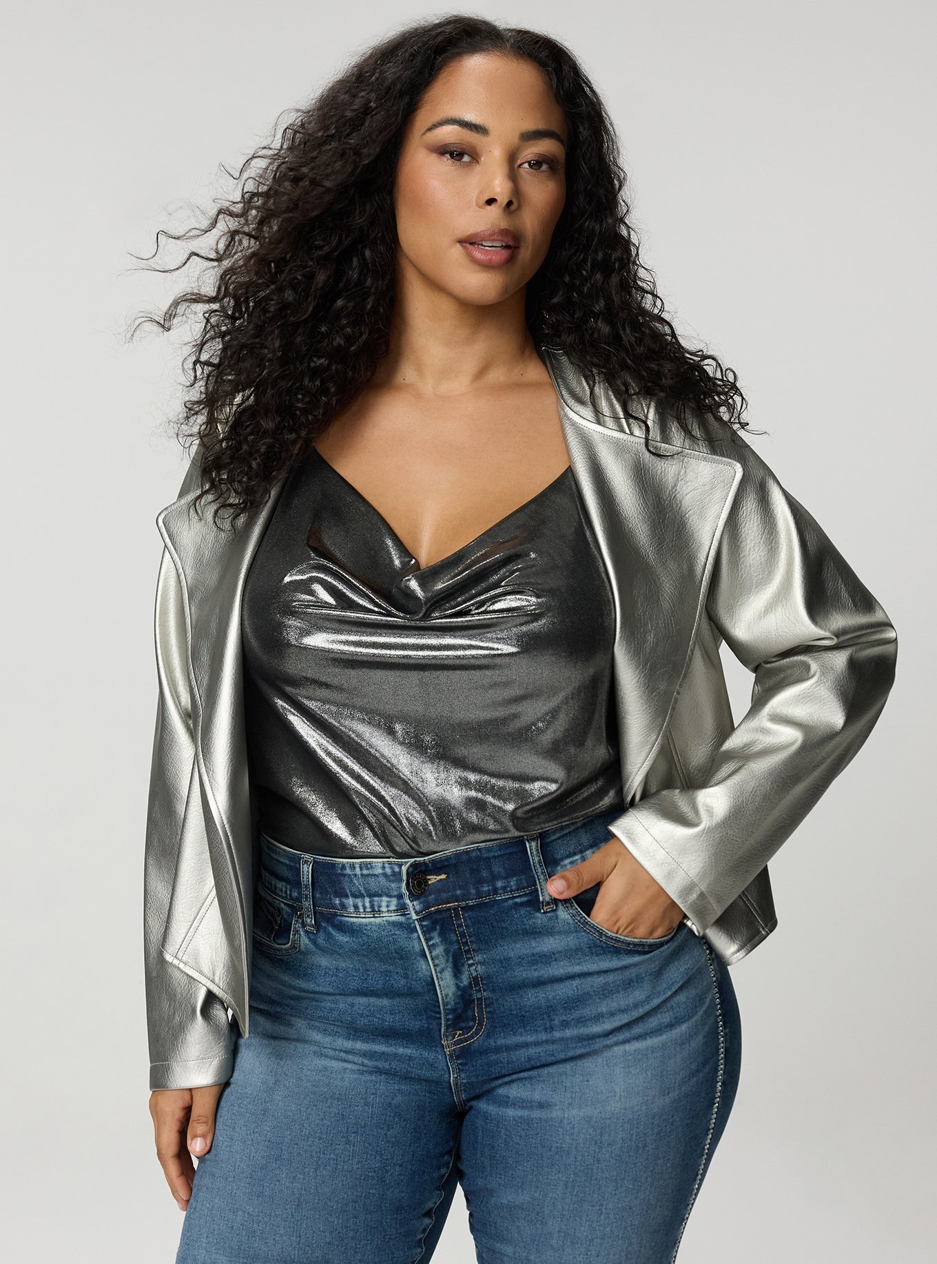 Collarless Open Moto Jacket, METALLIC SILVER, alternate