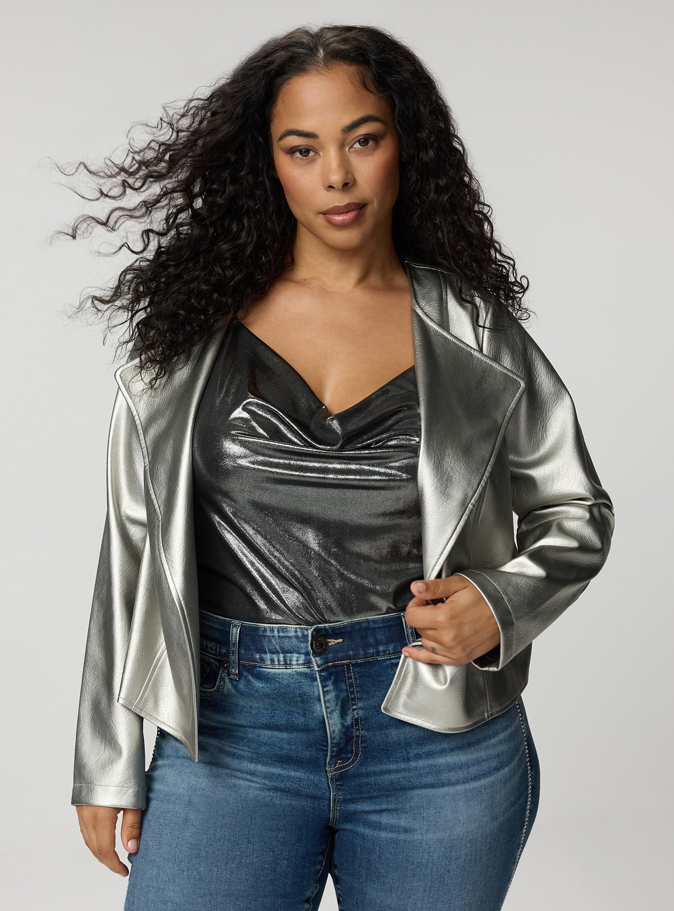 Collarless Open Moto Jacket, METALLIC SILVER, hi-res