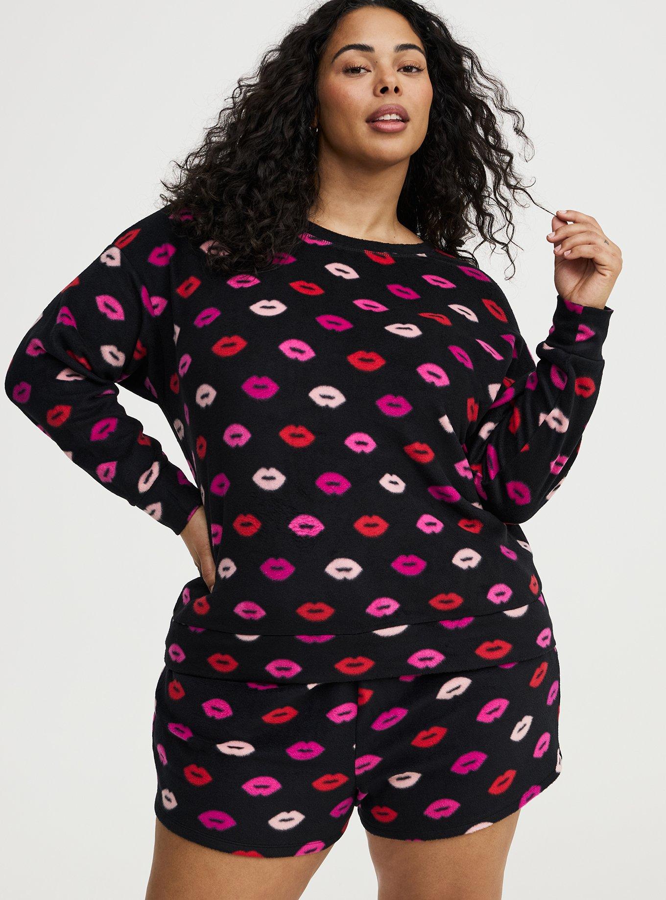 Plus Size Spa Fleece Sleep Pullover, POPPY LIPS BLACK, hi-res