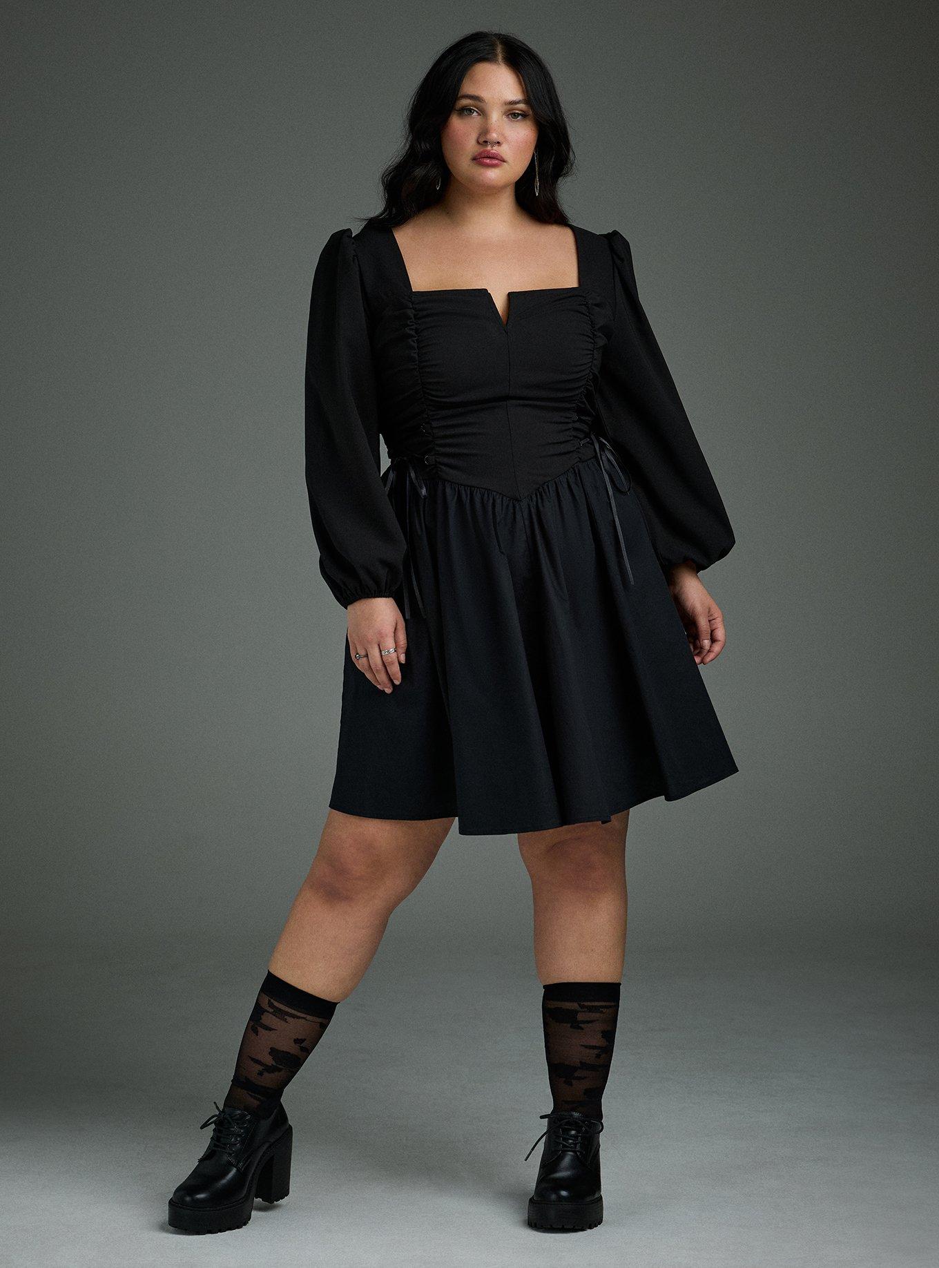 blue dress for baby girl Plus Size Crepe Sheath Dress with V-Back and Feather-Trim Sleeves in Black main image 0