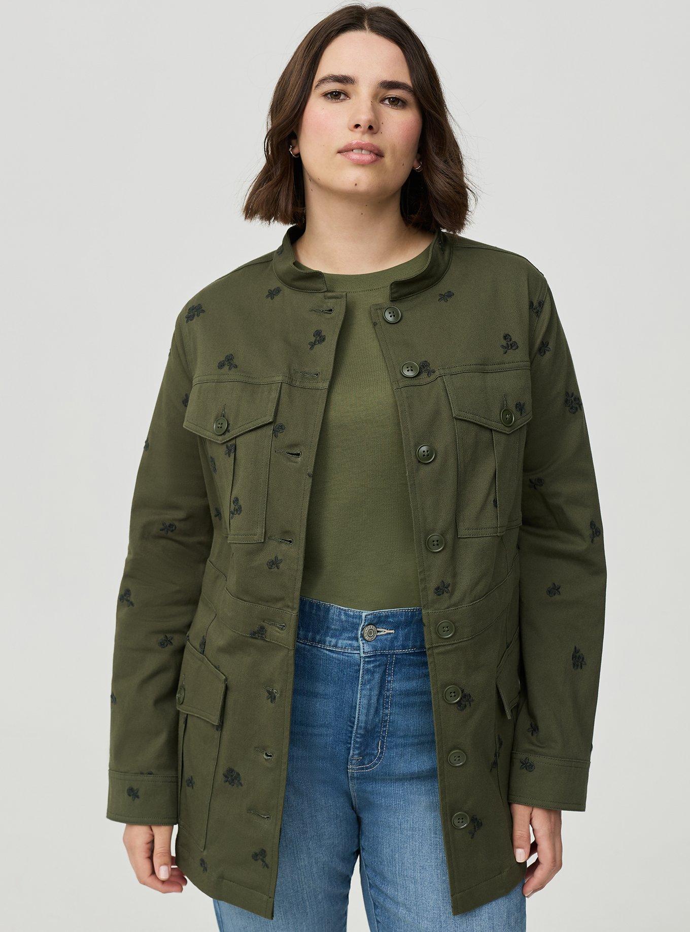 Plus Size Fitted Military Jacket, TAWNY DAISIES FLORAL OLIVE, hi-res