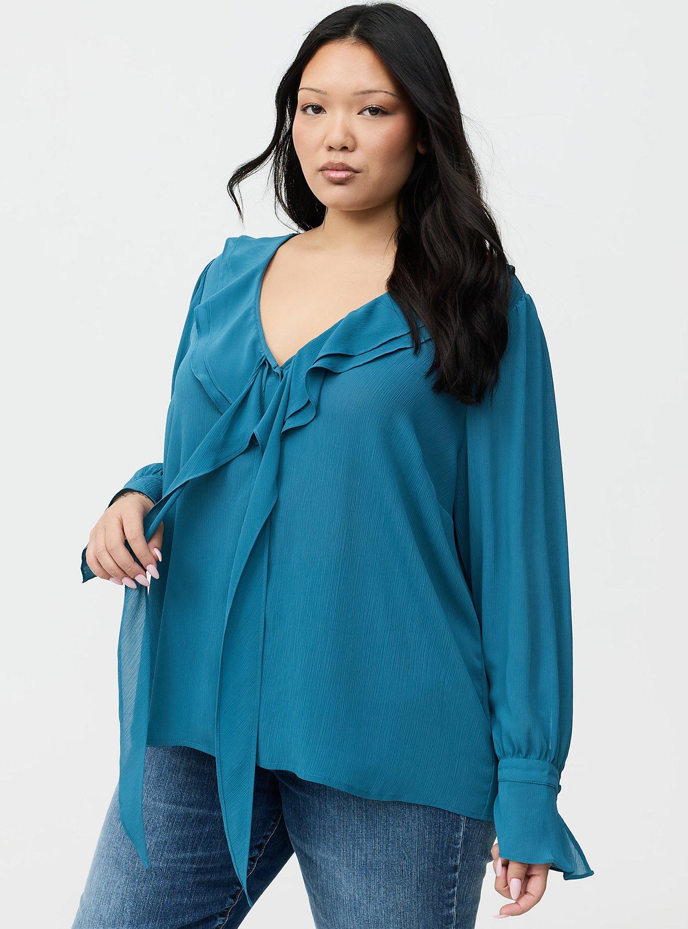 Chiffon Ruffle Tie-Neck Blouse, MALLARD BLUE, alternate