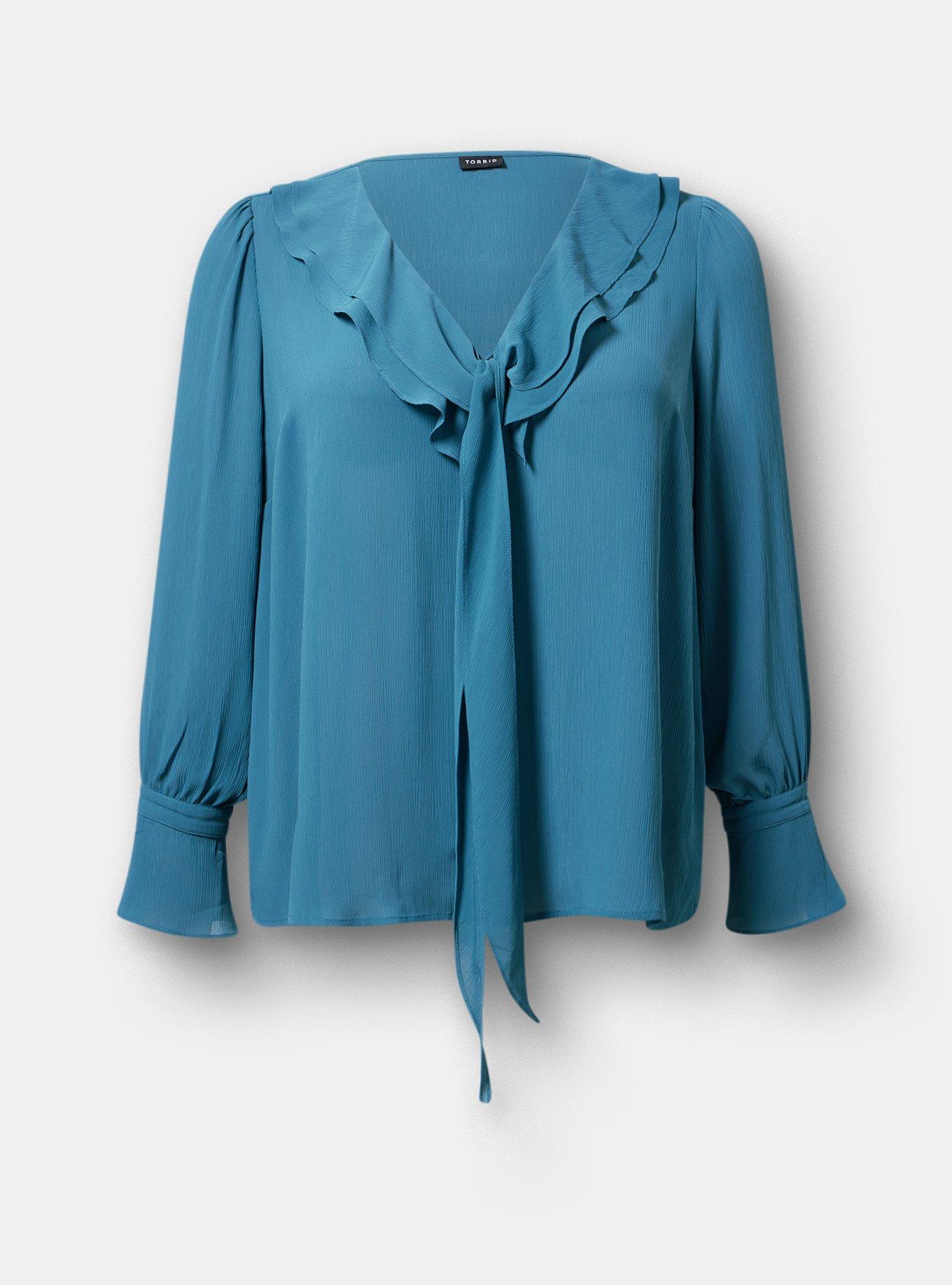 Chiffon Ruffle Tie-Neck Blouse, MALLARD BLUE, hi-res