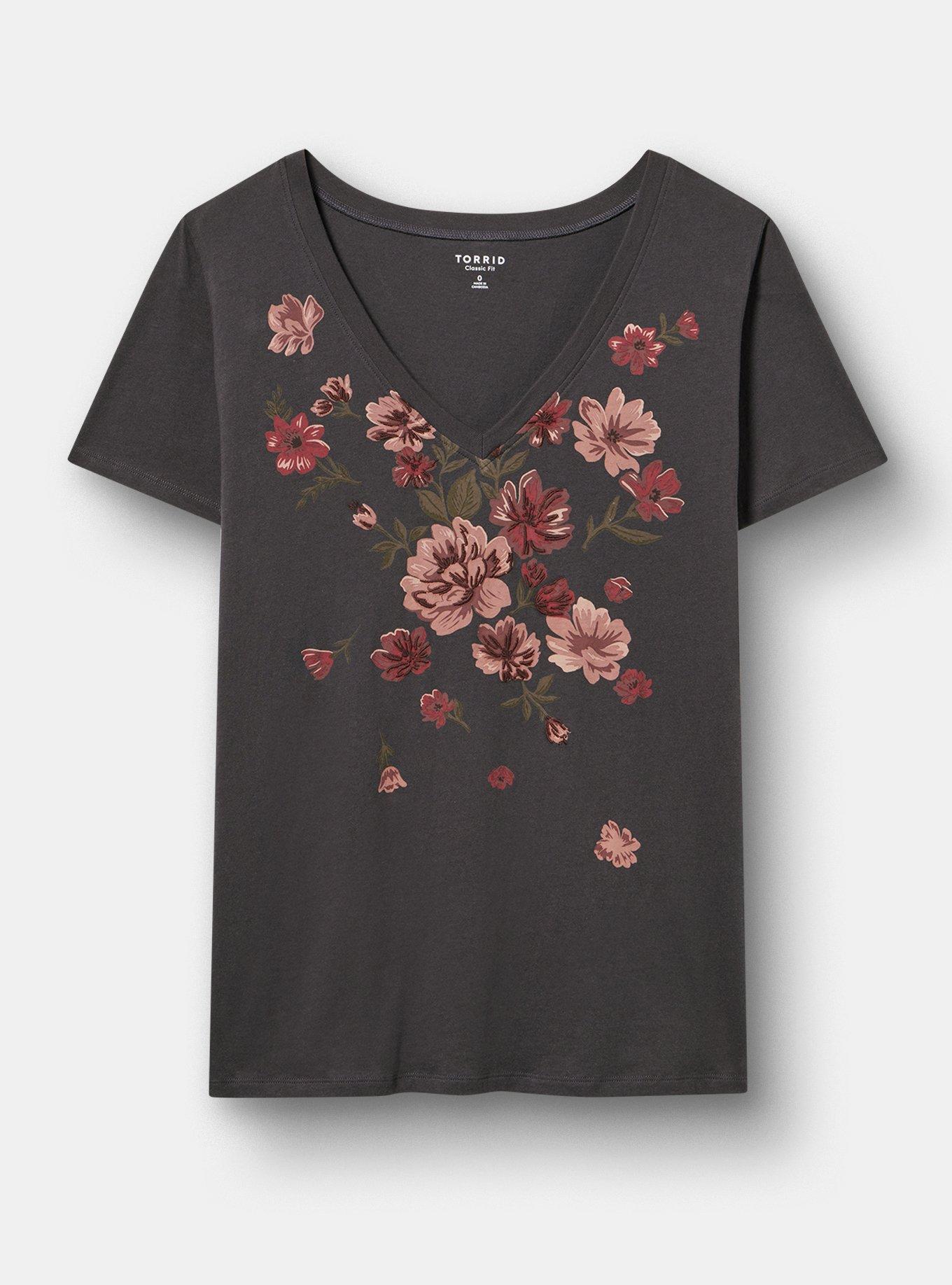 Plus Size CLASSIC COTTON V-NECK TEE, BALLET FLORAL OBSIDIAN, hi-res