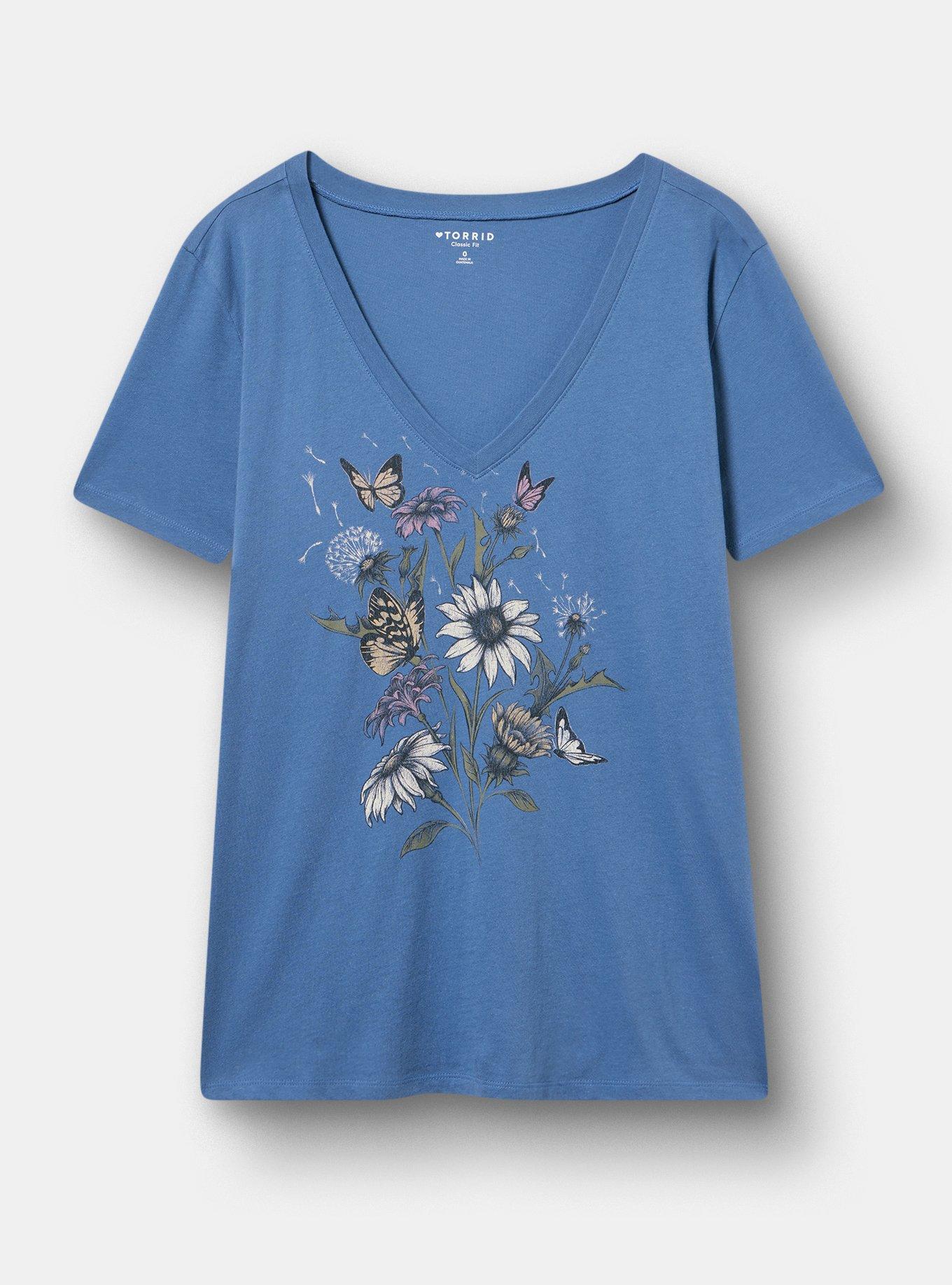 Classic Cotton V-Neck Tee, WILD FLOWERS BLUE HORIZON, hi-res