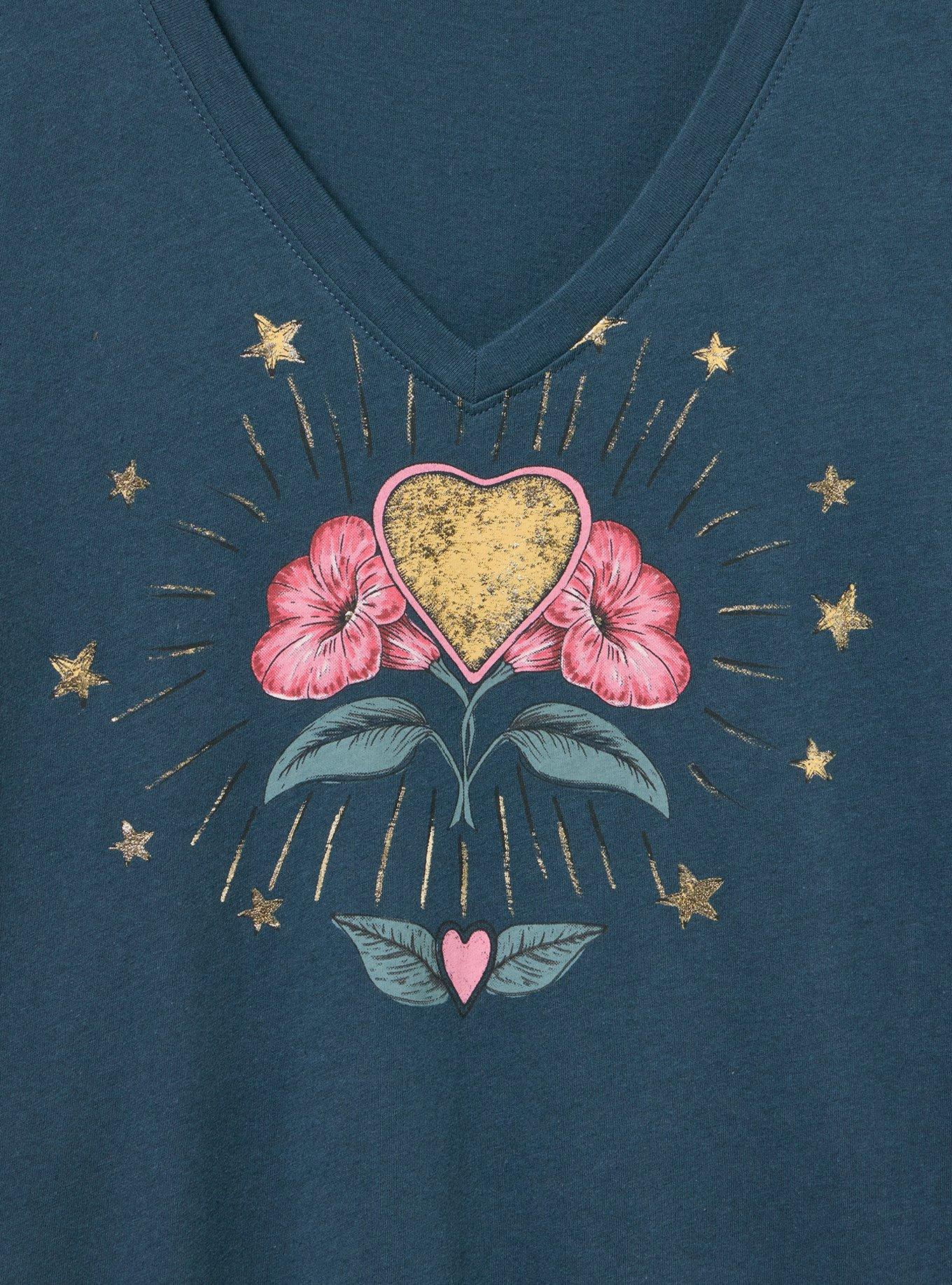 Classic Cotton V-Neck Tee, BOTANICAL HEART BURST MIDNIGHT NAVY, alternate