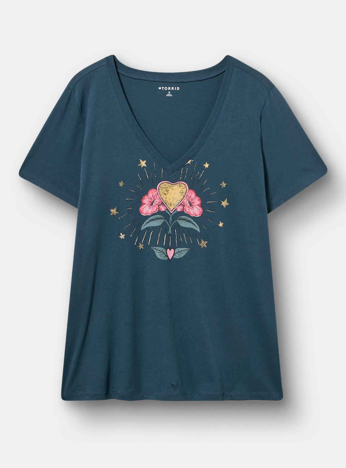 Classic Cotton V-Neck Tee, BOTANICAL HEART BURST MIDNIGHT NAVY, hi-res