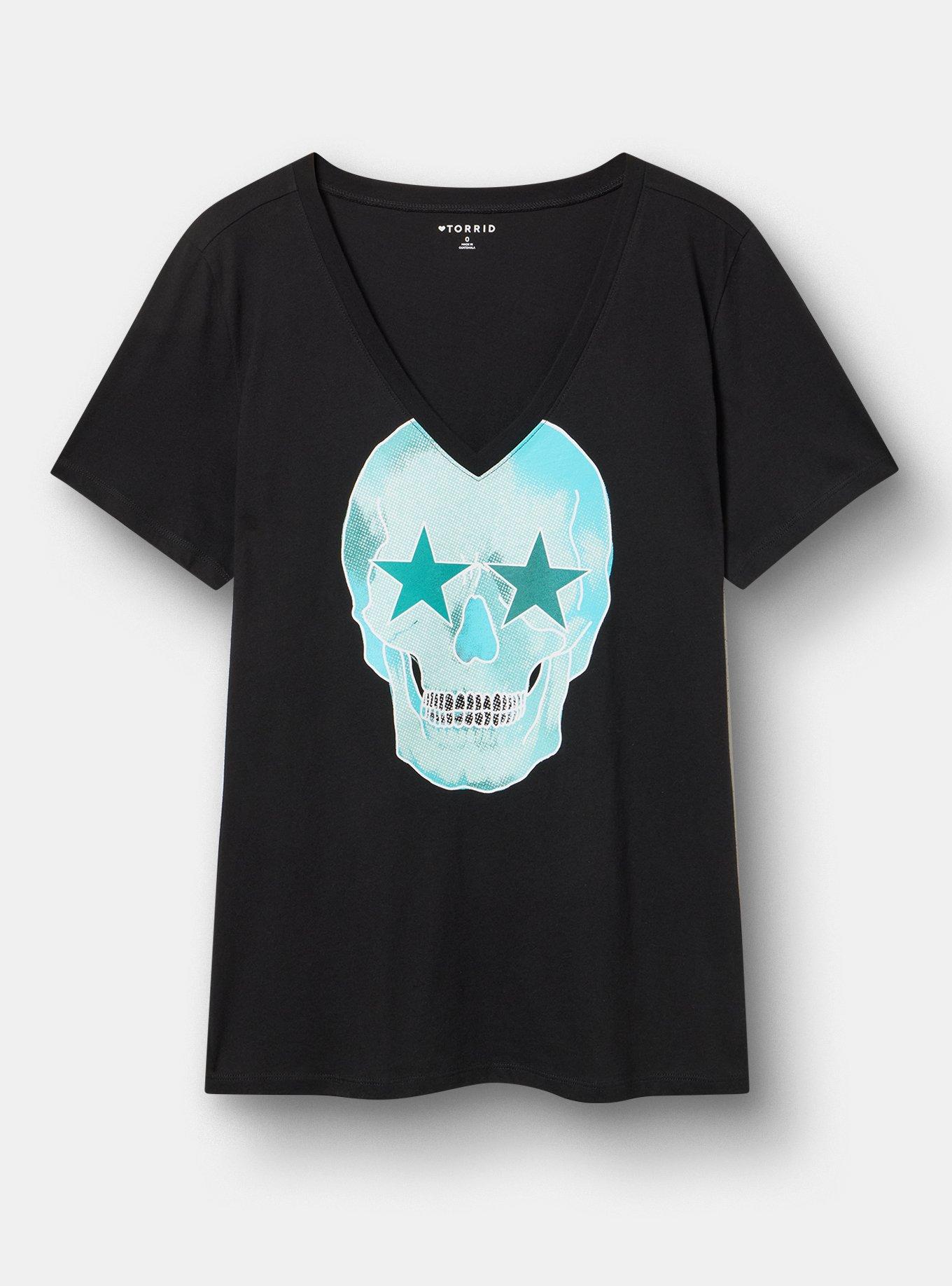 Plus Size Classic Cotton V-Neck Tee, STAR SKULL DEEP BLACK, hi-res