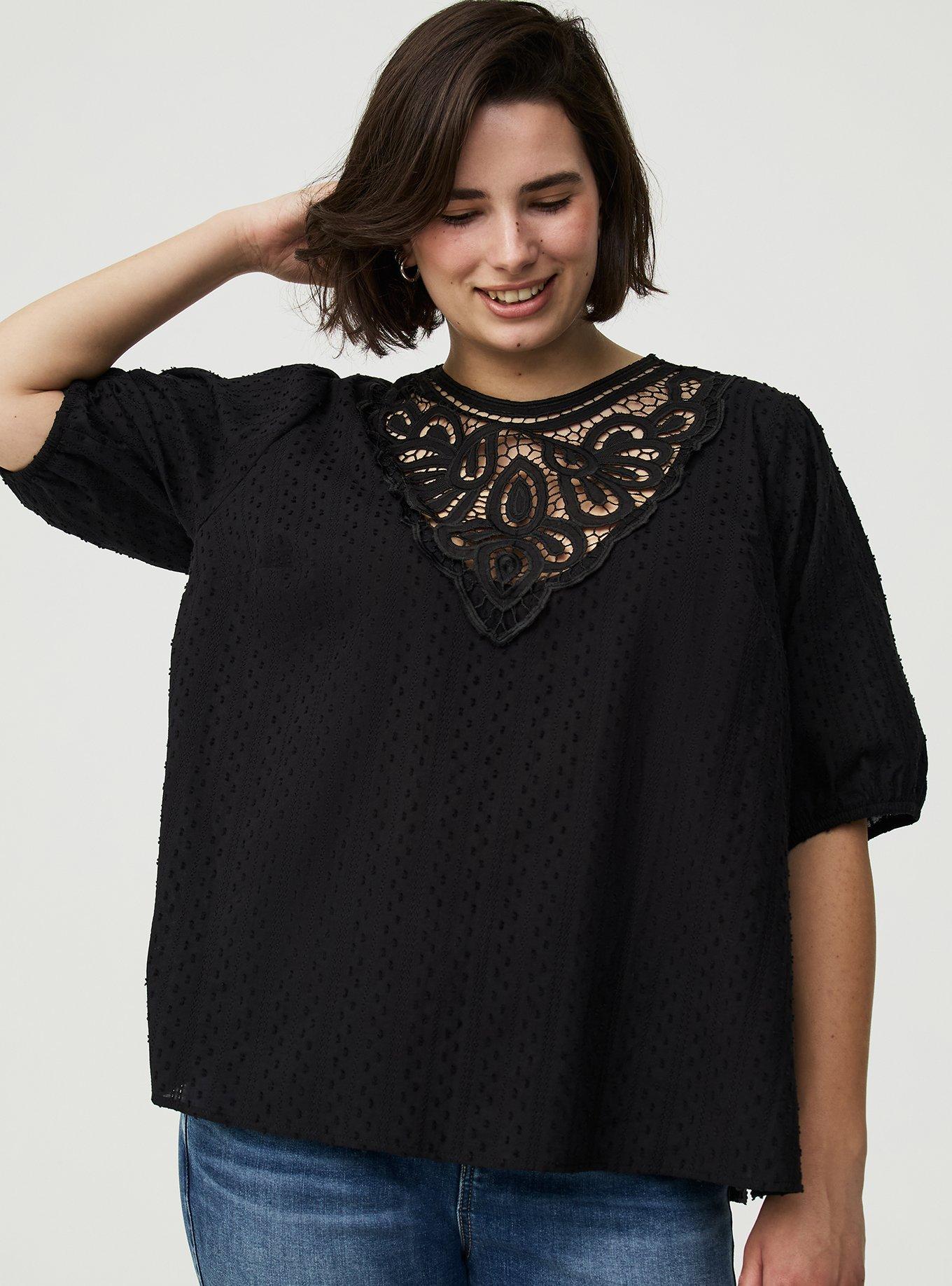 Lace Trim Puff Sleeve  Top, DEEP BLACK, alternate