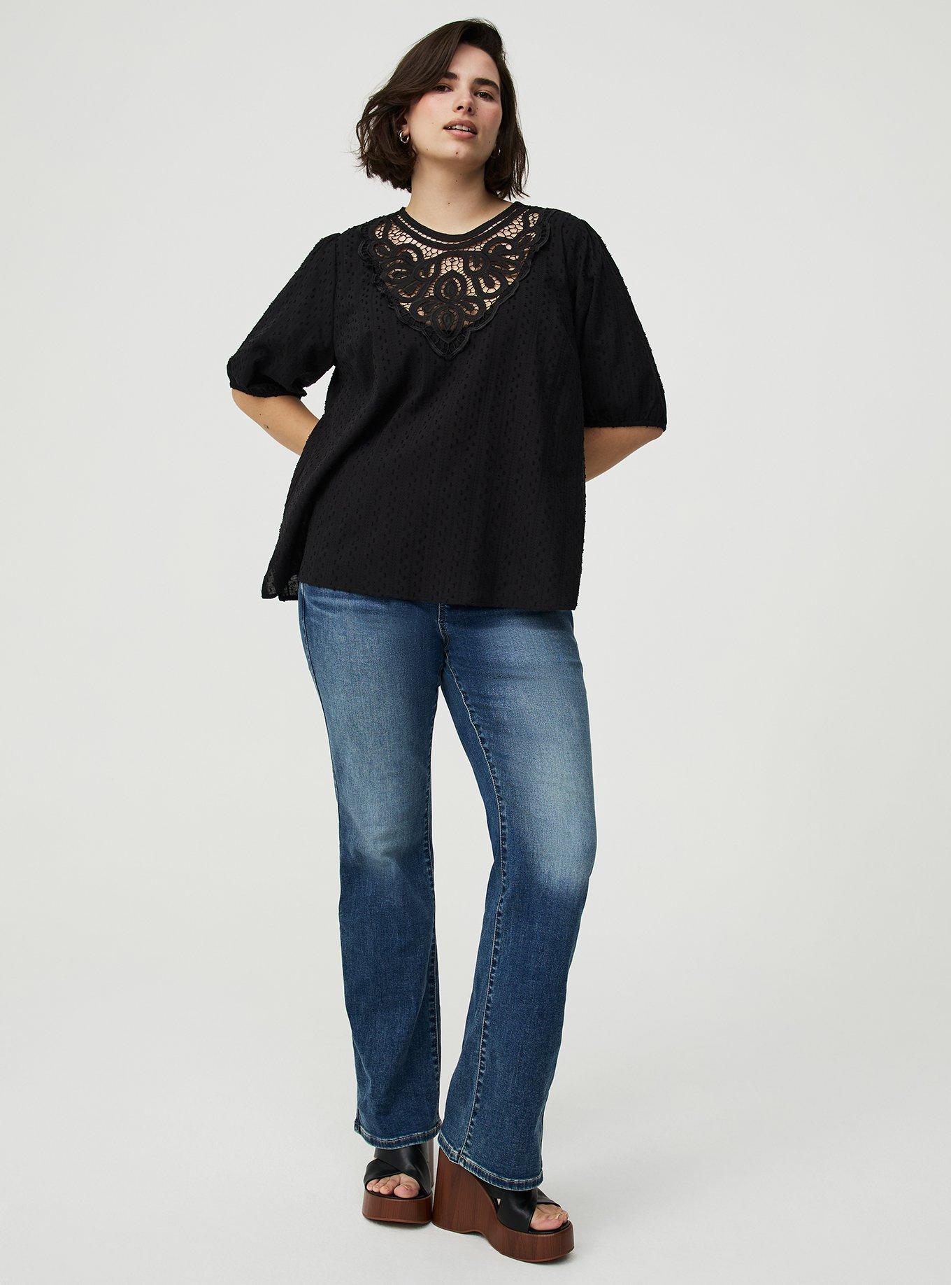 Lace Trim Puff Sleeve  Top, DEEP BLACK, alternate