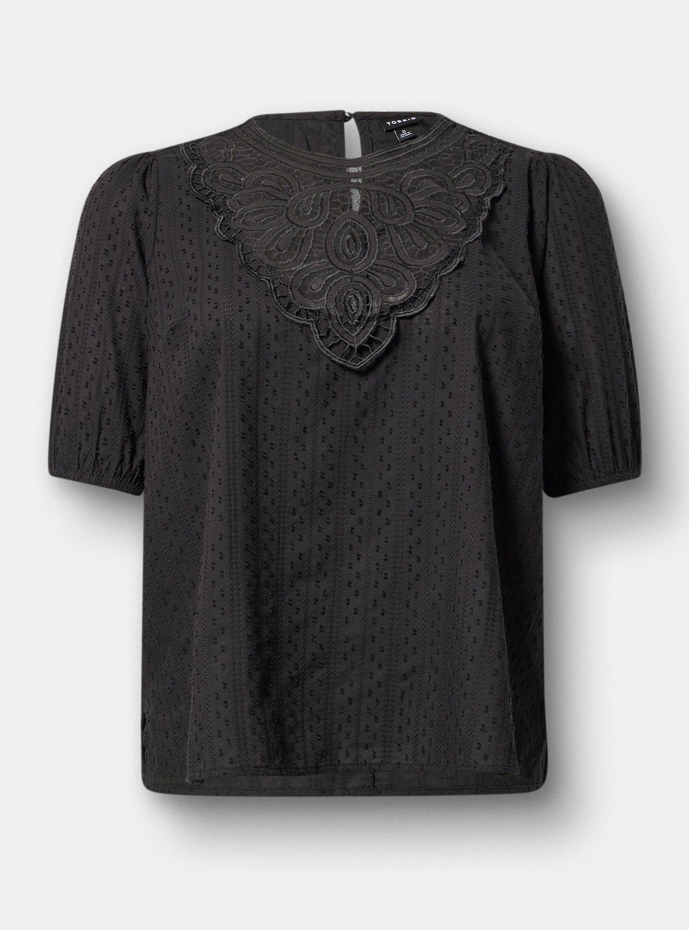 Lace Trim Puff Sleeve  Top, DEEP BLACK, hi-res