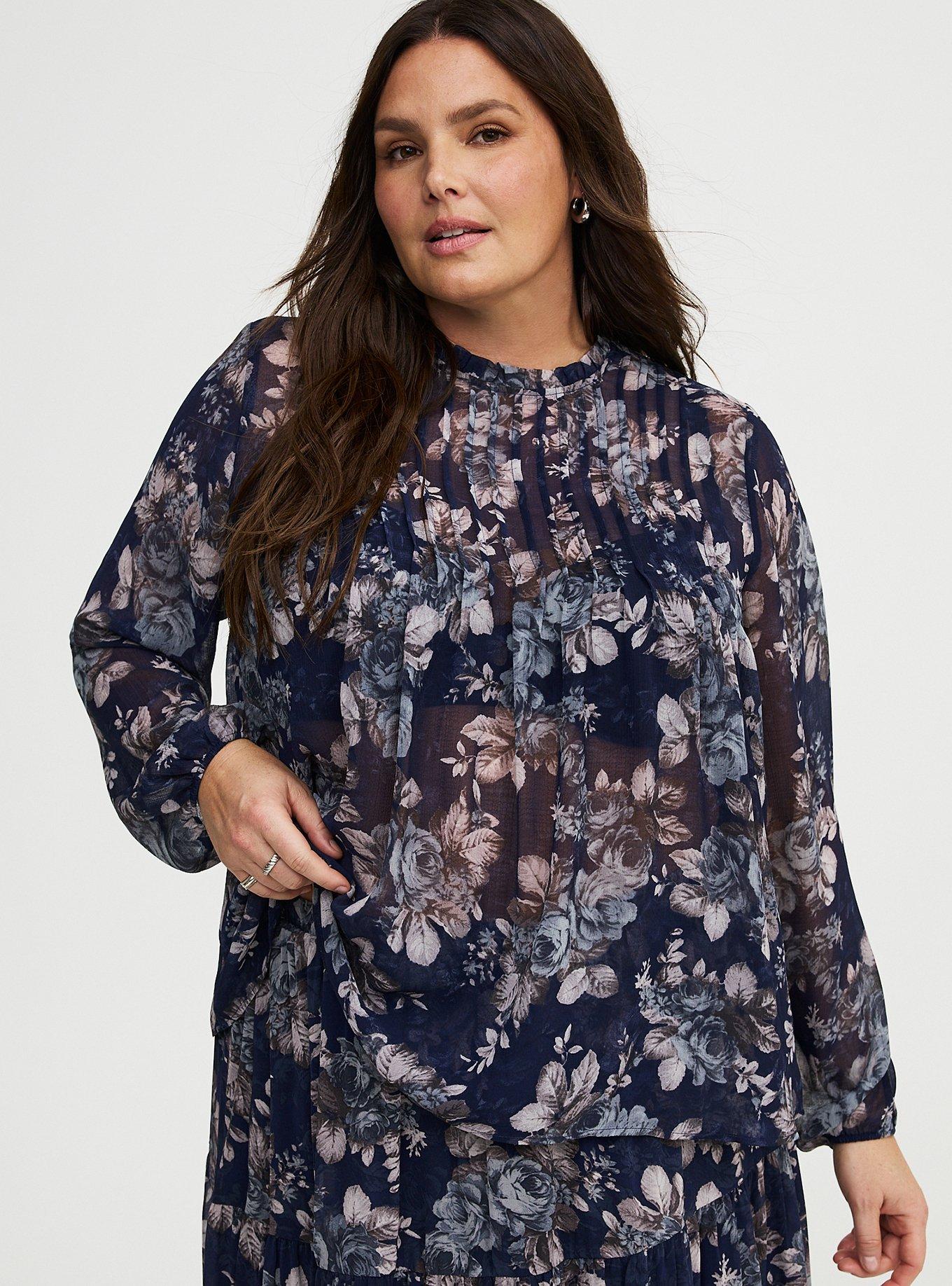 Chiffon Pintuck Detail Blouse, MOUNTAIN ROSES FLORAL NAVY, alternate