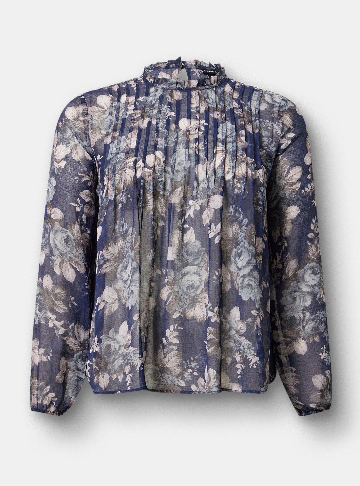 Chiffon Pintuck Detail Blouse, MOUNTAIN ROSES FLORAL NAVY, hi-res