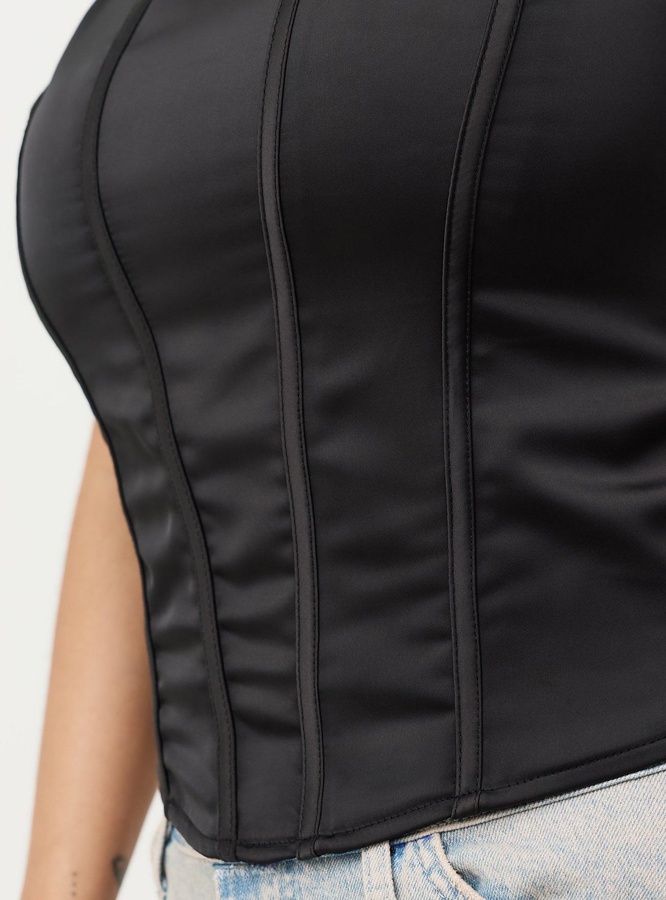 Satin Crop Corset Top, DEEP BLACK, alternate