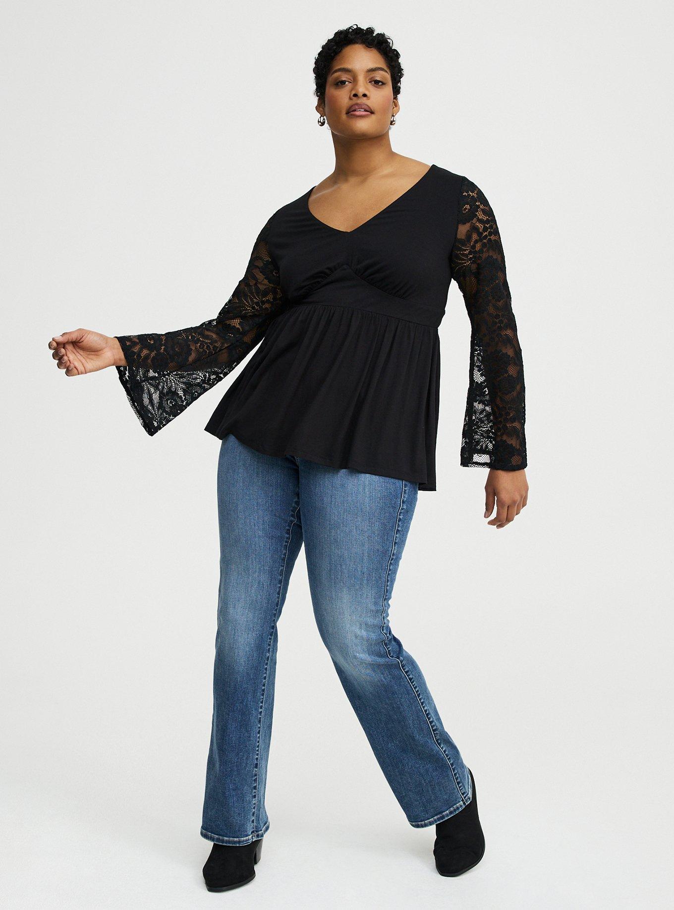 Slinky Lace Bell Sleeve Babydoll Top, DEEP BLACK, alternate