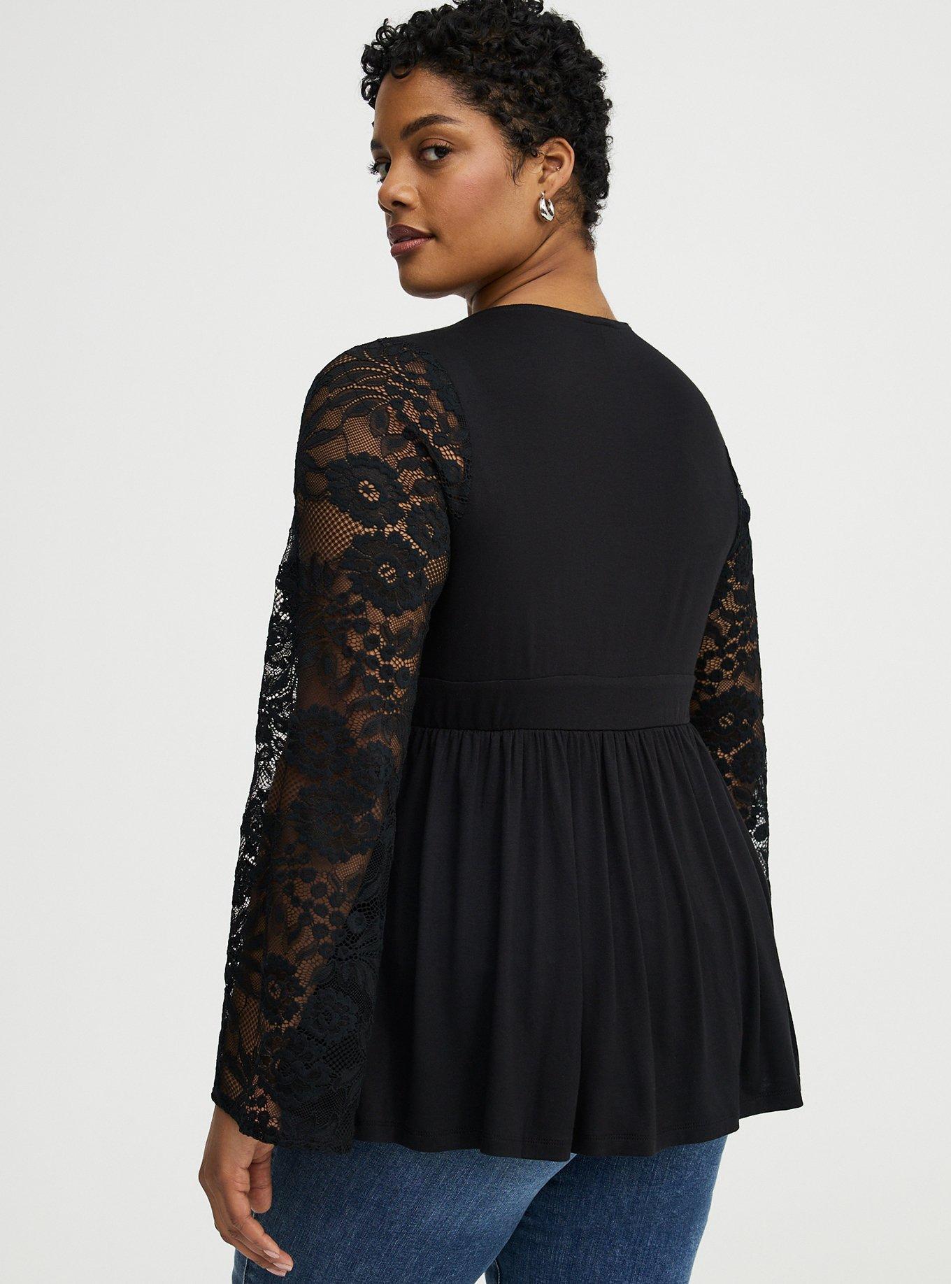 Slinky Lace Bell Sleeve Babydoll Top, DEEP BLACK, alternate