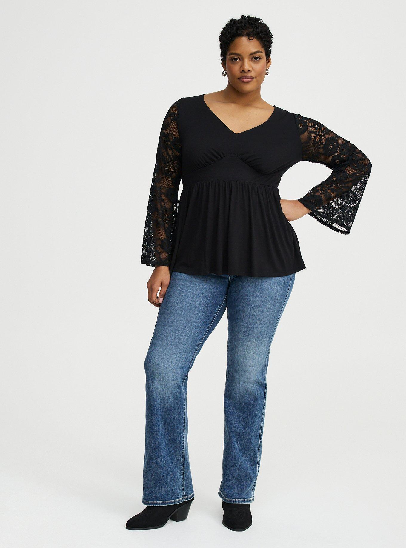 Slinky Lace Bell Sleeve Babydoll Top, DEEP BLACK, alternate