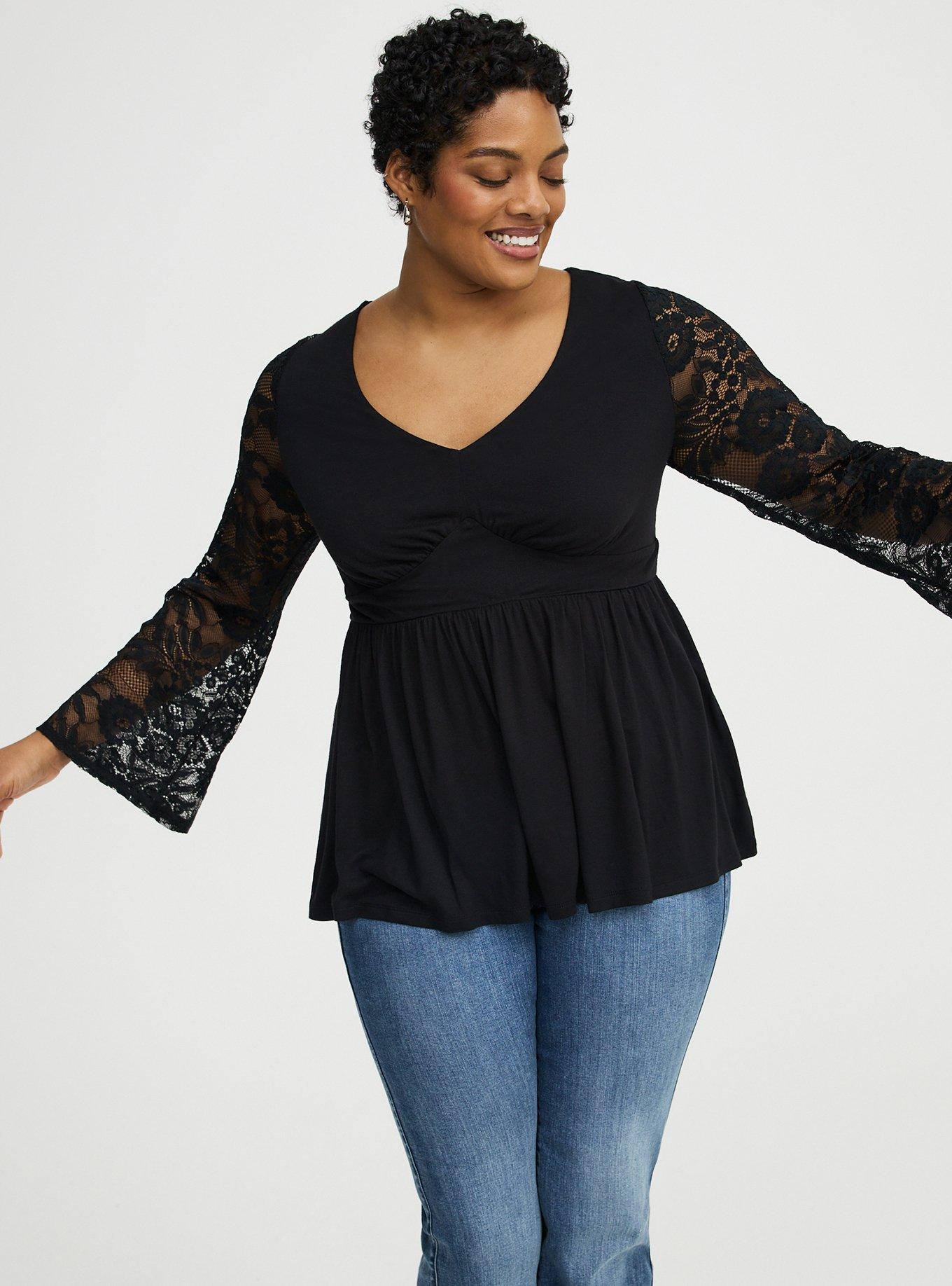 Slinky Lace Bell Sleeve Babydoll Top, DEEP BLACK, alternate