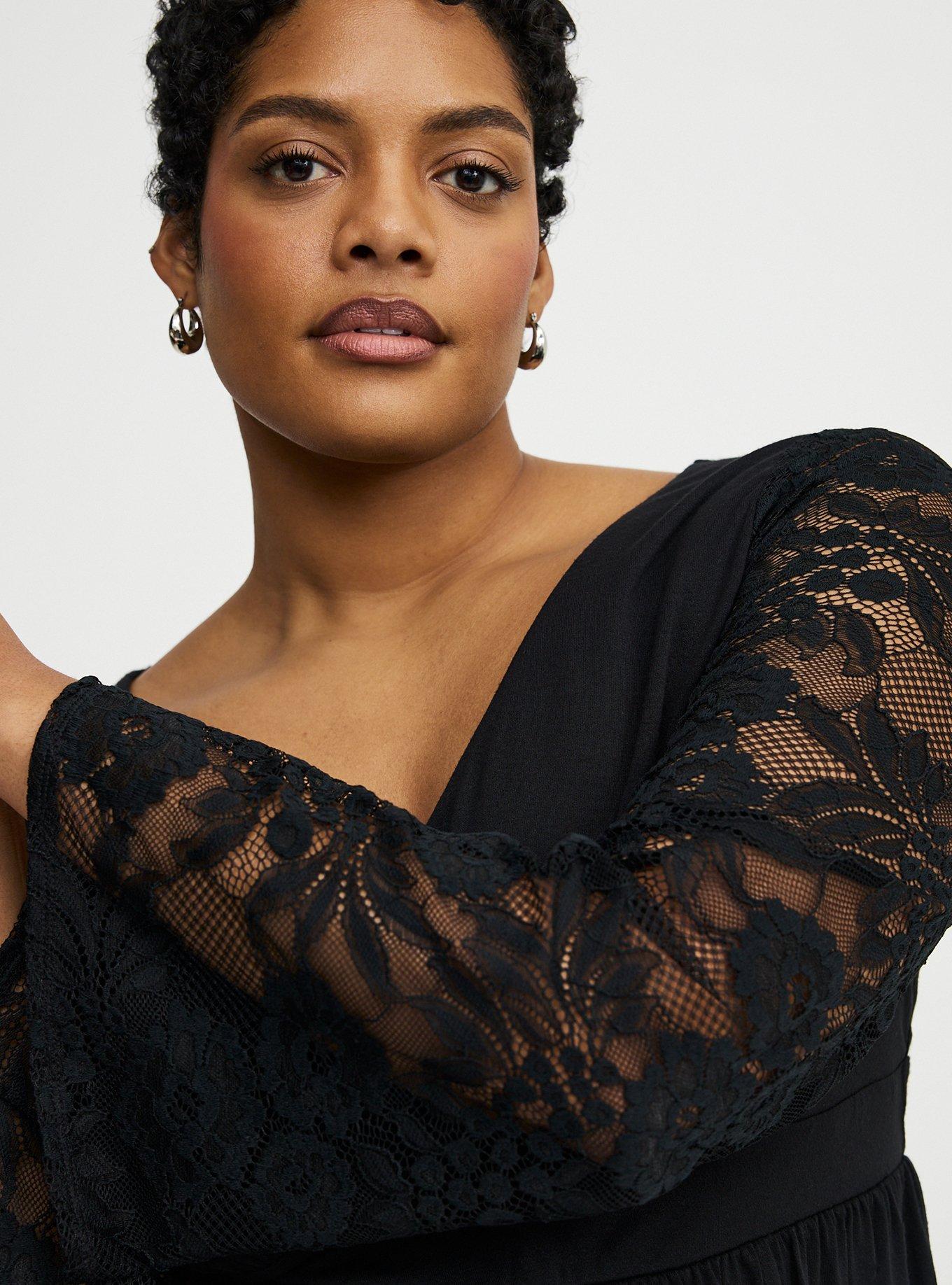 Slinky Lace Bell Sleeve Babydoll Top, DEEP BLACK, alternate