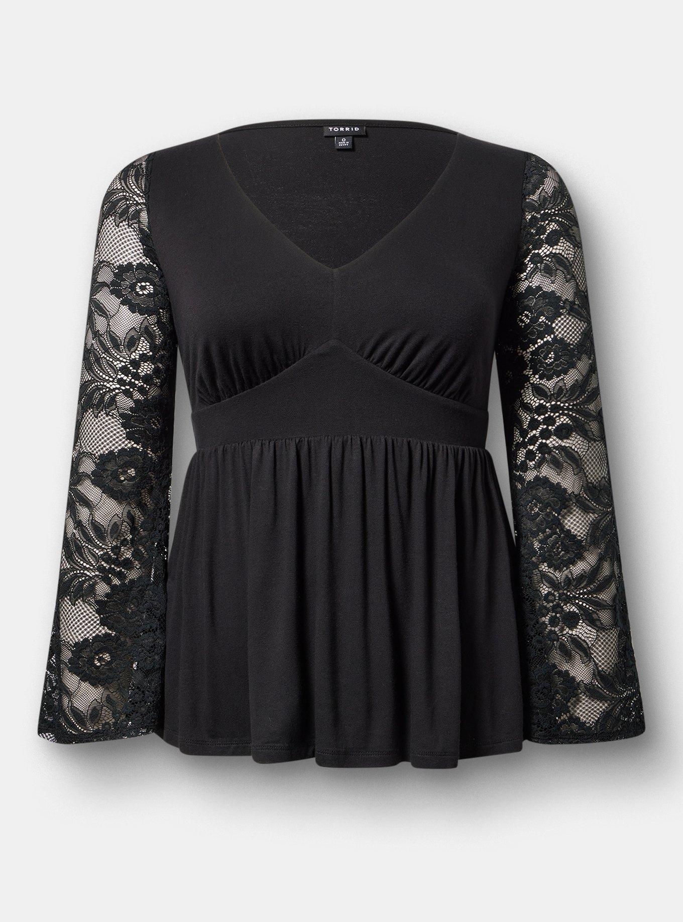 Slinky Lace Bell Sleeve Babydoll Top, DEEP BLACK, hi-res