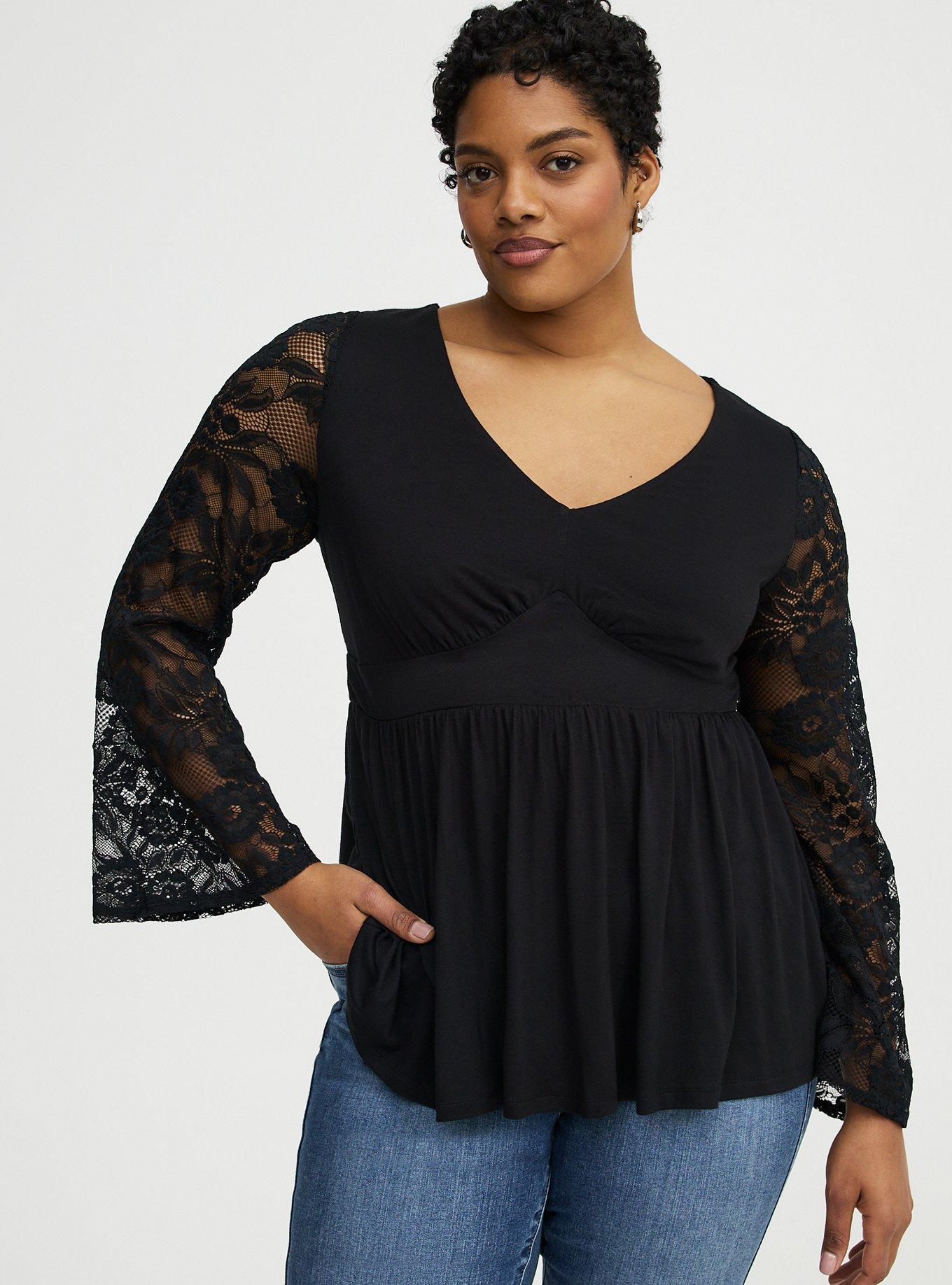 Plus Size Slinky Lace Bell Sleeve Babydoll Top, DEEP BLACK, hi-res