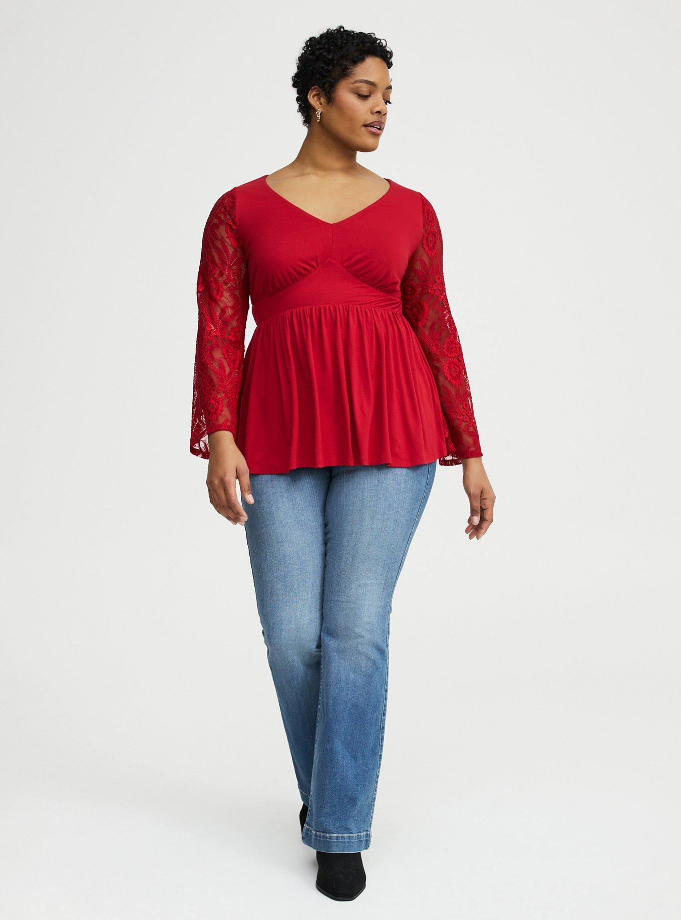 Slinky Lace Bell Sleeve Babydoll Top, JESTER RED, alternate