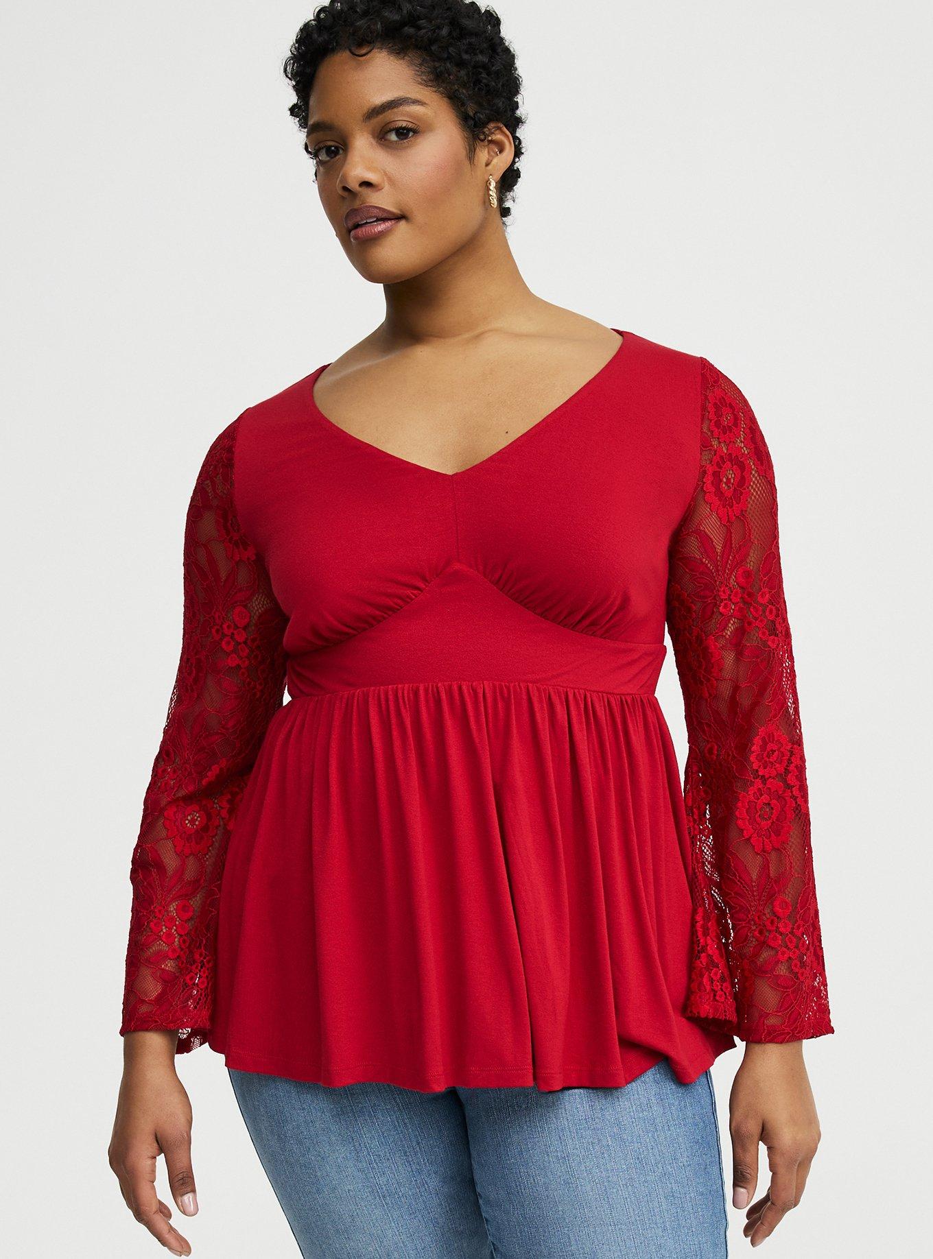 Slinky Lace Bell Sleeve Babydoll Top, JESTER RED, alternate