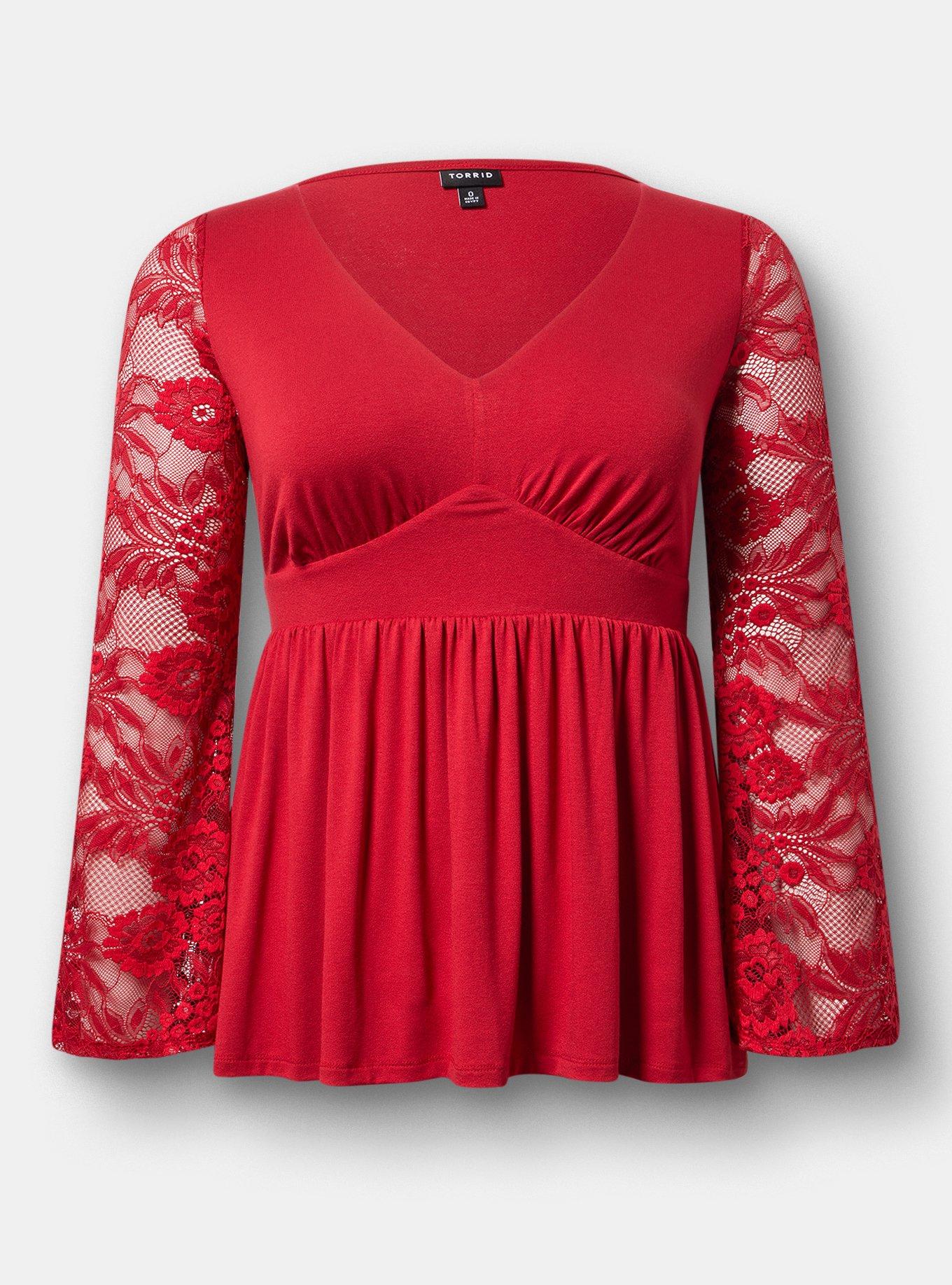 Slinky Lace Bell Sleeve Babydoll Top, JESTER RED, hi-res