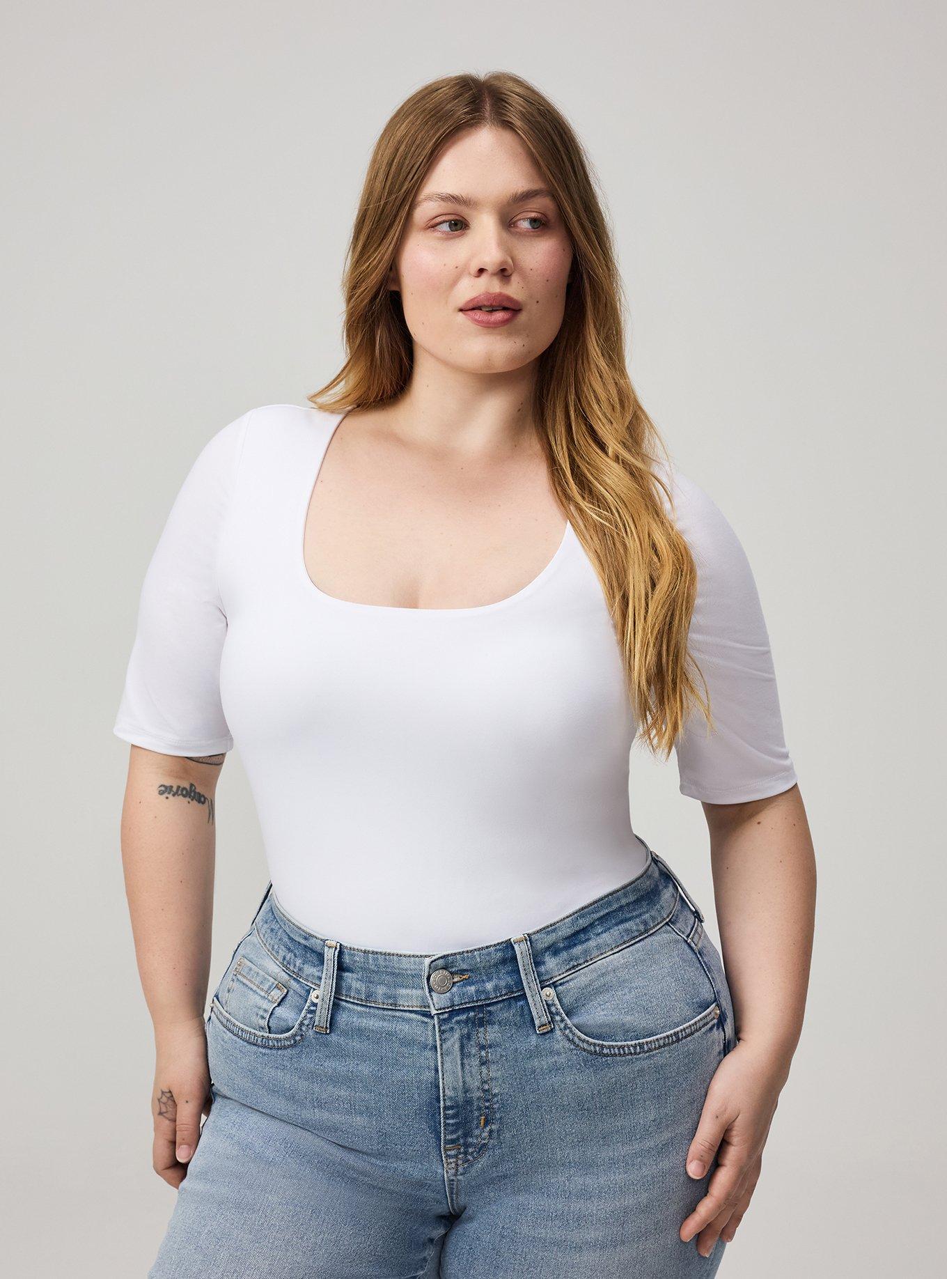 Elbow-Length Sleeve Square Neck Top, BRIGHT WHITE, alternate