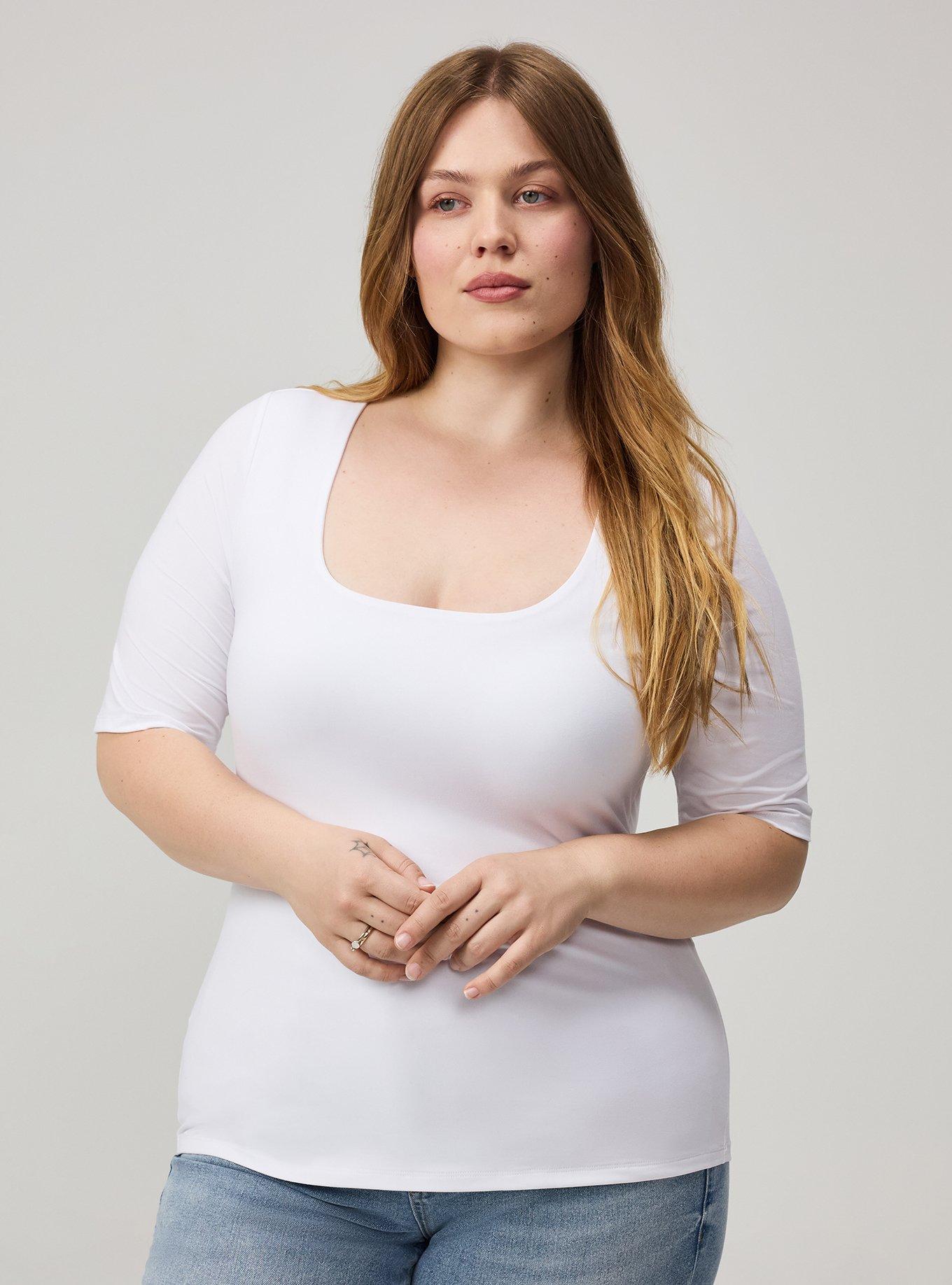 Elbow-Length Sleeve Square Neck Top, BRIGHT WHITE, hi-res