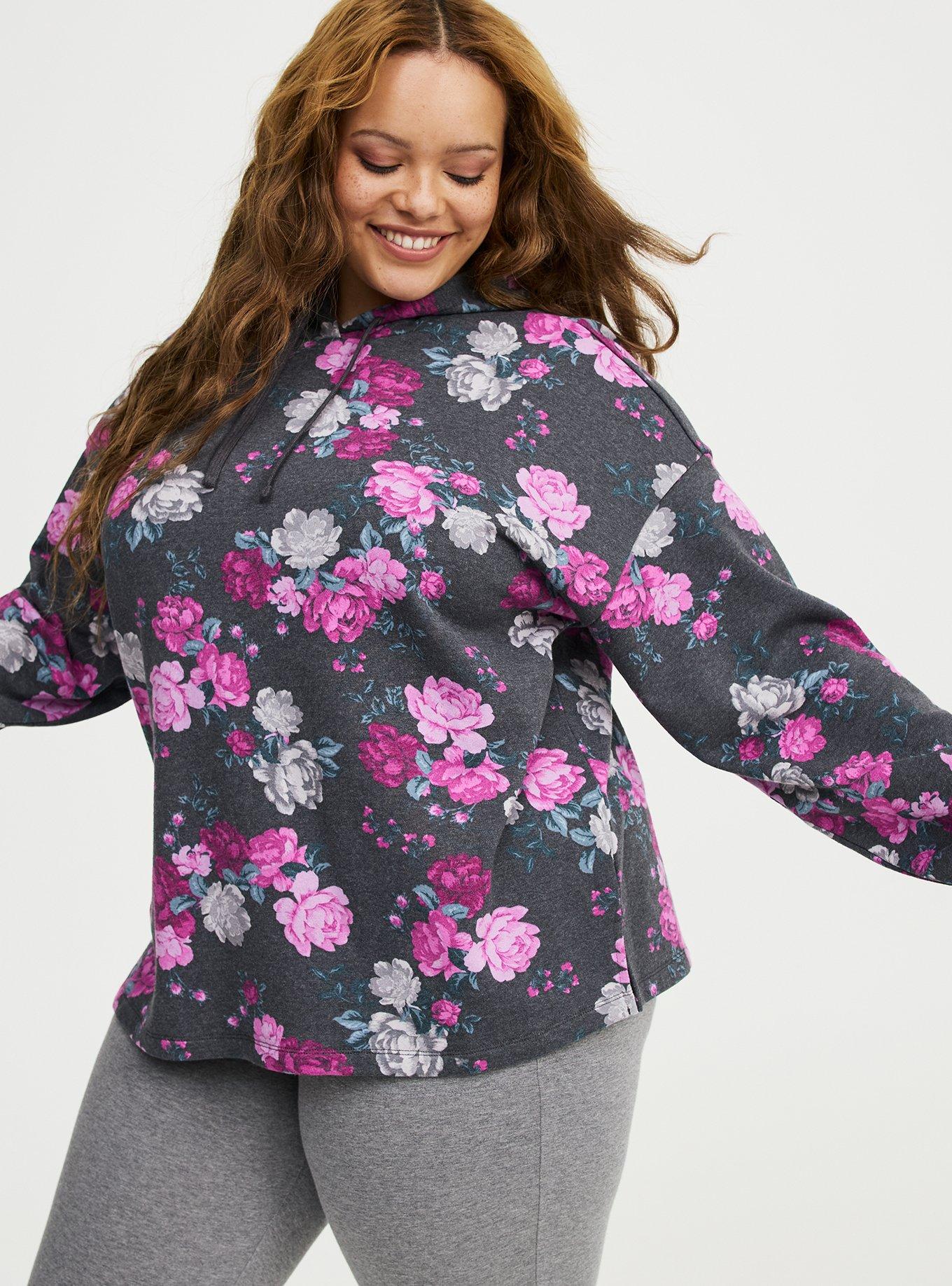 French Terry Long Sleeve Hoodie, ROSE BUSH FLORAL CHARCOAL, alternate