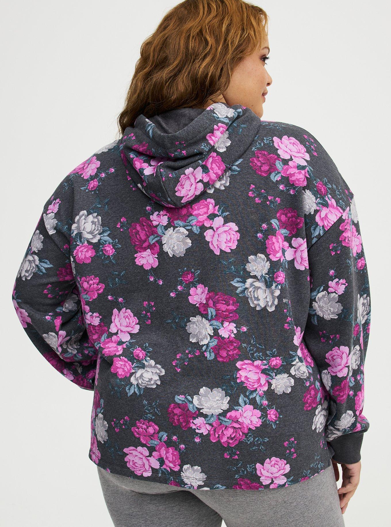 French Terry Long Sleeve Hoodie, ROSE BUSH FLORAL CHARCOAL, alternate