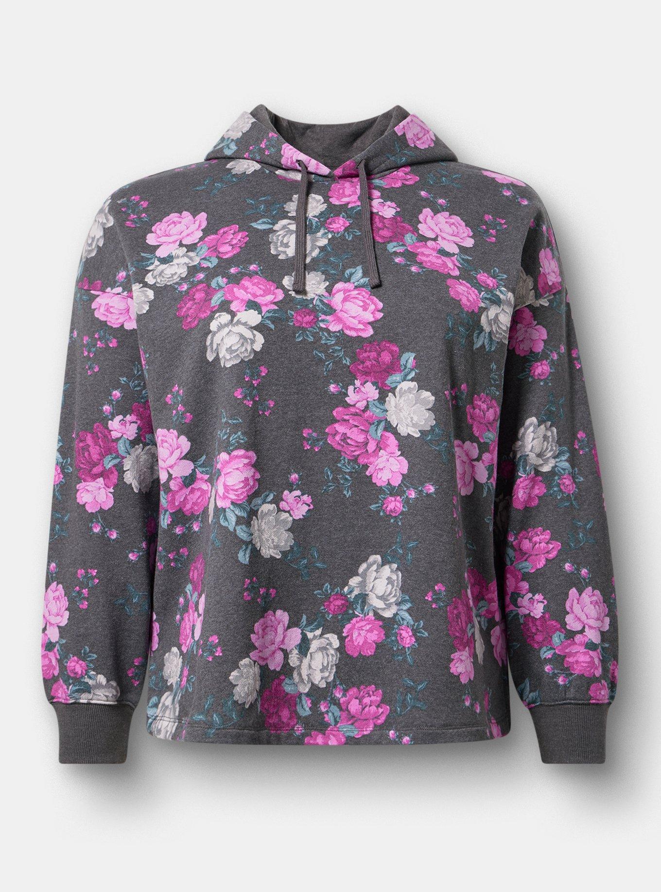 French Terry Long Sleeve Hoodie, ROSE BUSH FLORAL CHARCOAL, hi-res