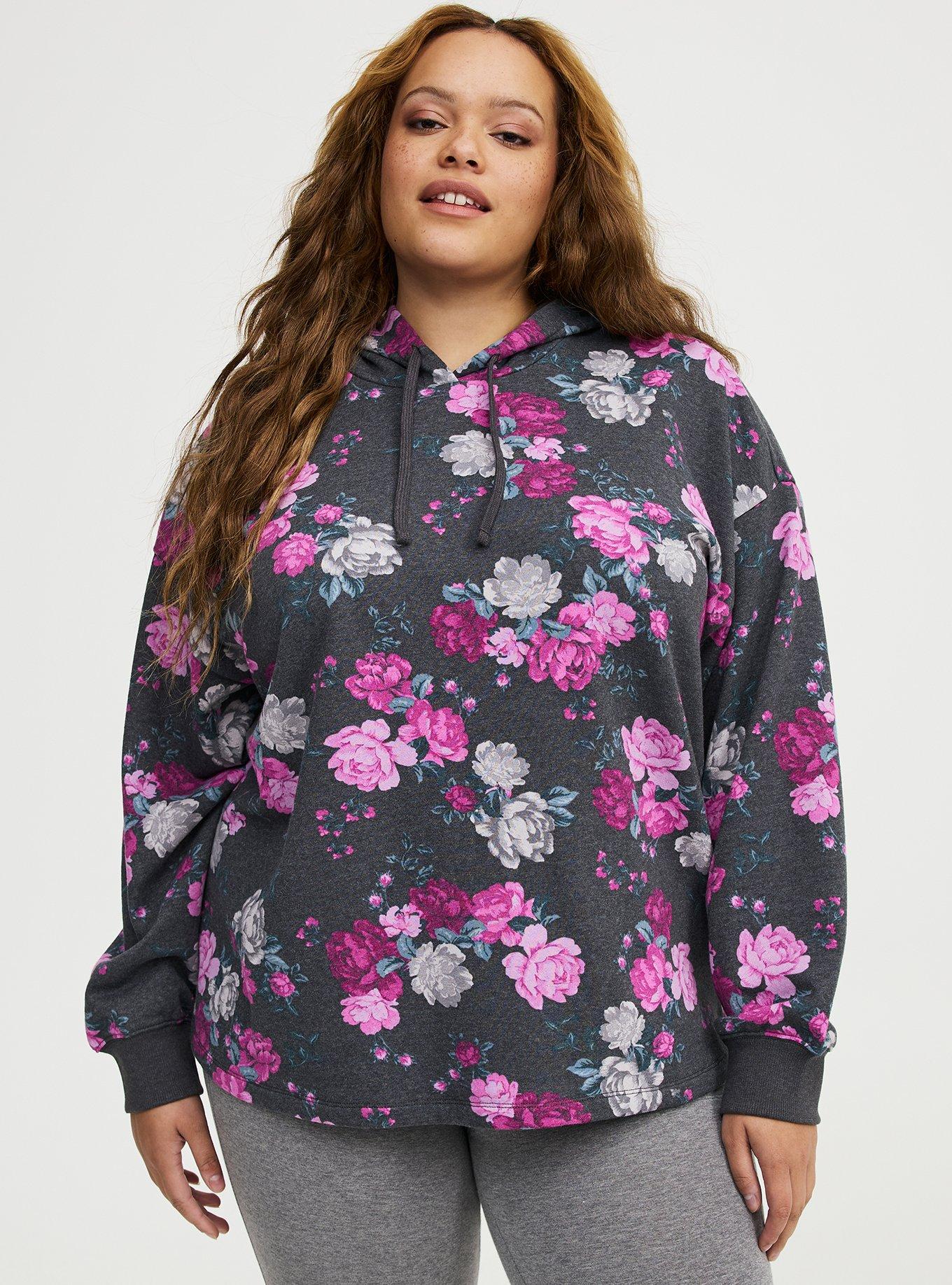 Plus Size French Terry Long Sleeve Hoodie, ROSE BUSH FLORAL CHARCOAL, hi-res