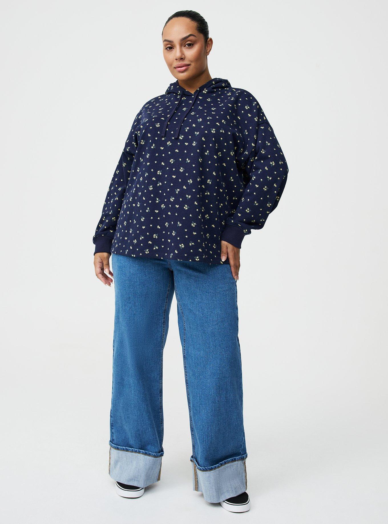 French Terry Long Sleeve Hoodie, MISTY DITSY FLORAL NAVY, alternate