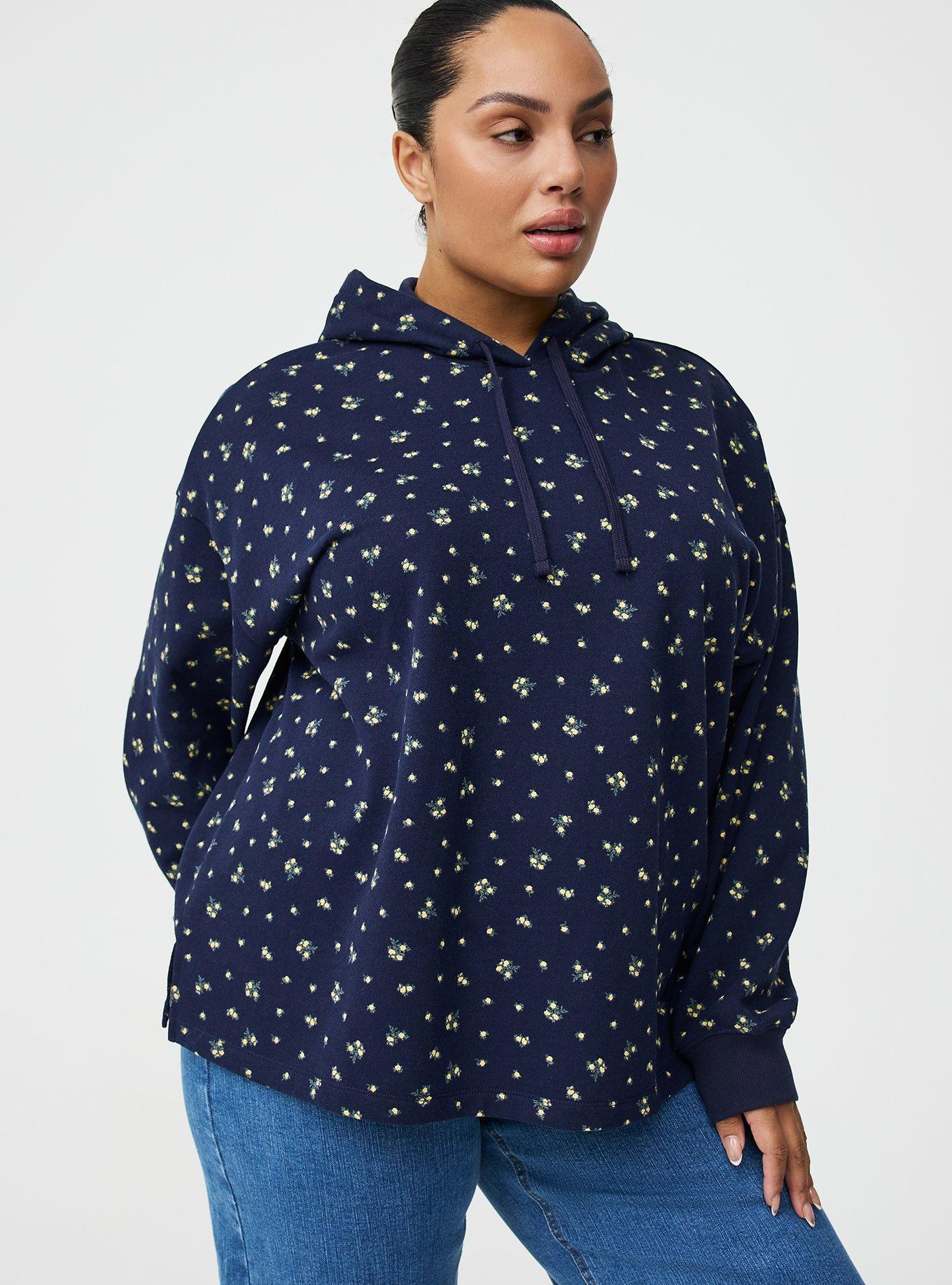 French Terry Long Sleeve Hoodie, MISTY DITSY FLORAL NAVY, alternate
