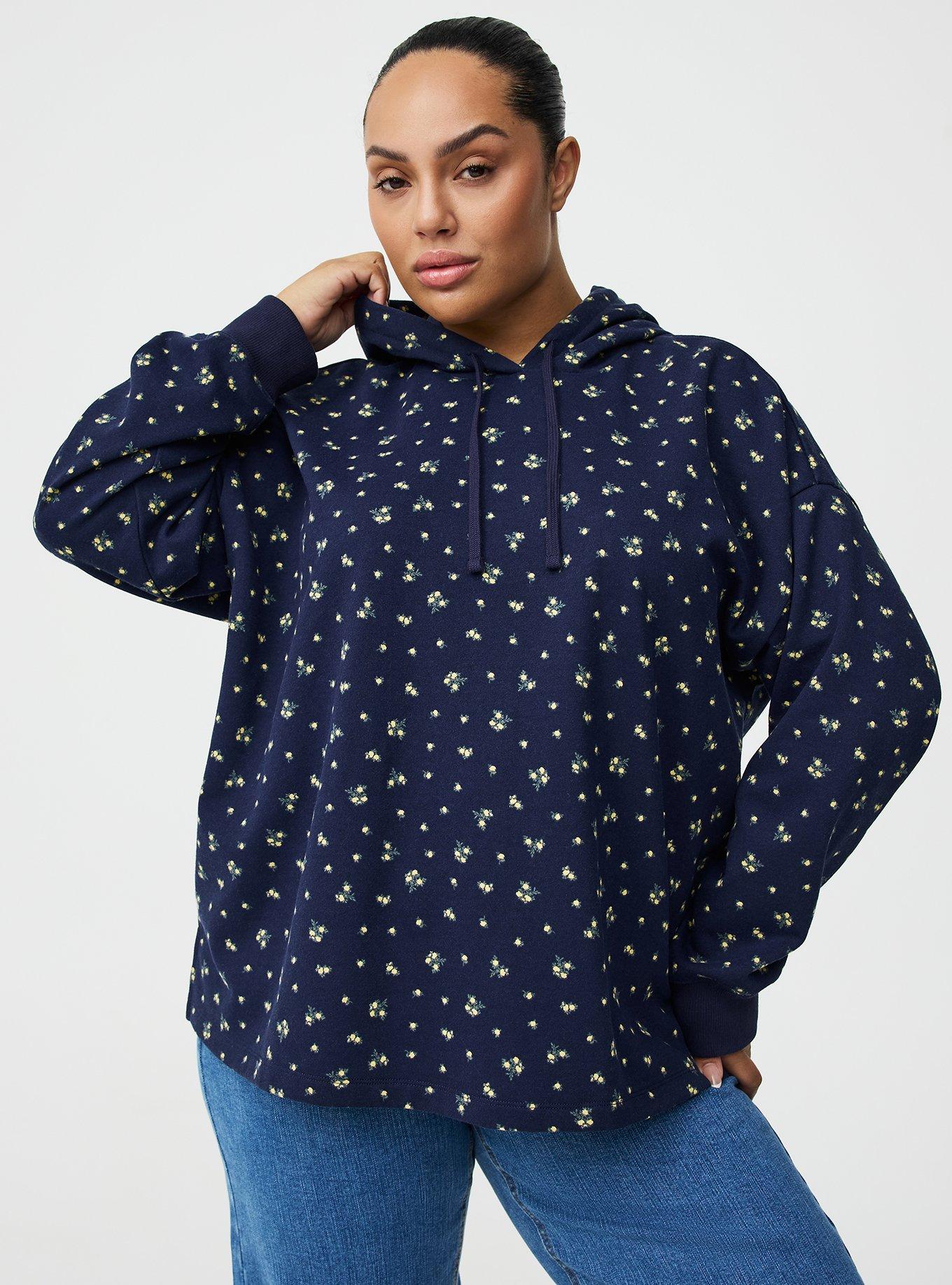 Plus Size French Terry Long Sleeve Hoodie, MISTY DITSY FLORAL NAVY, hi-res