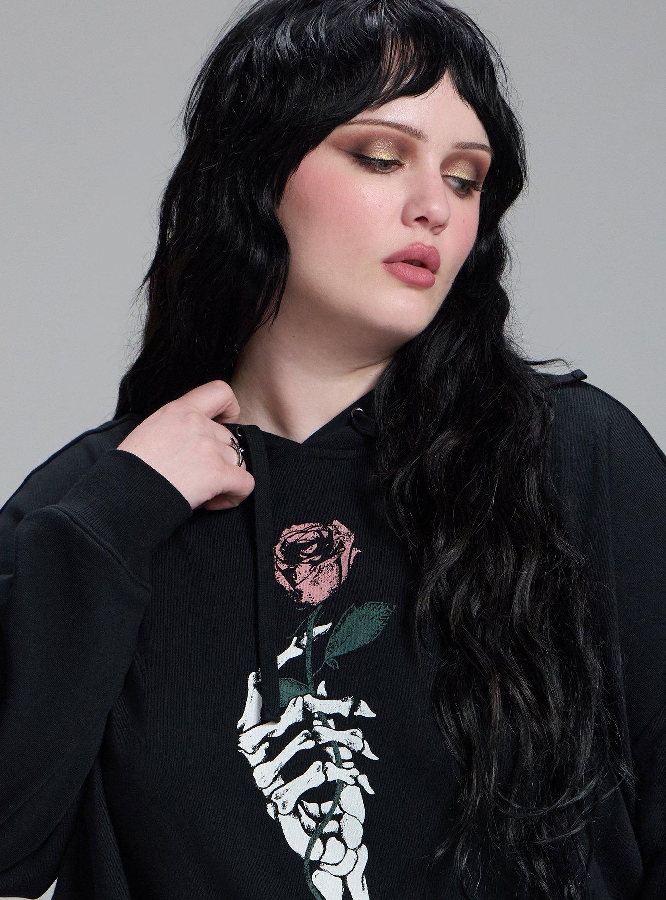 Nightfall Cozy Fleece Hoodie, SKELETON ROSE HAND DEEP BLACK, alternate