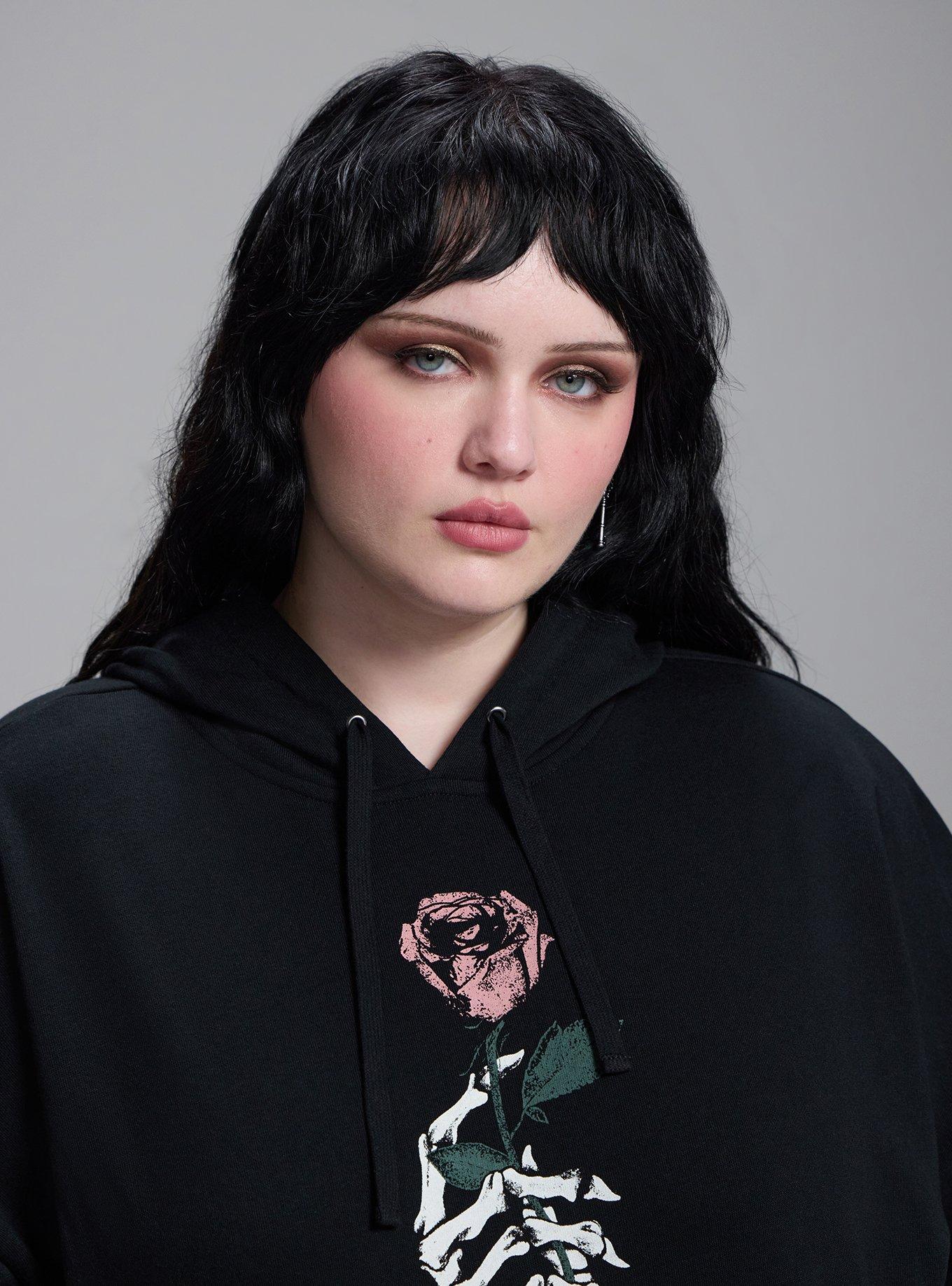 Nightfall Cozy Fleece Hoodie, SKELETON ROSE HAND DEEP BLACK, alternate