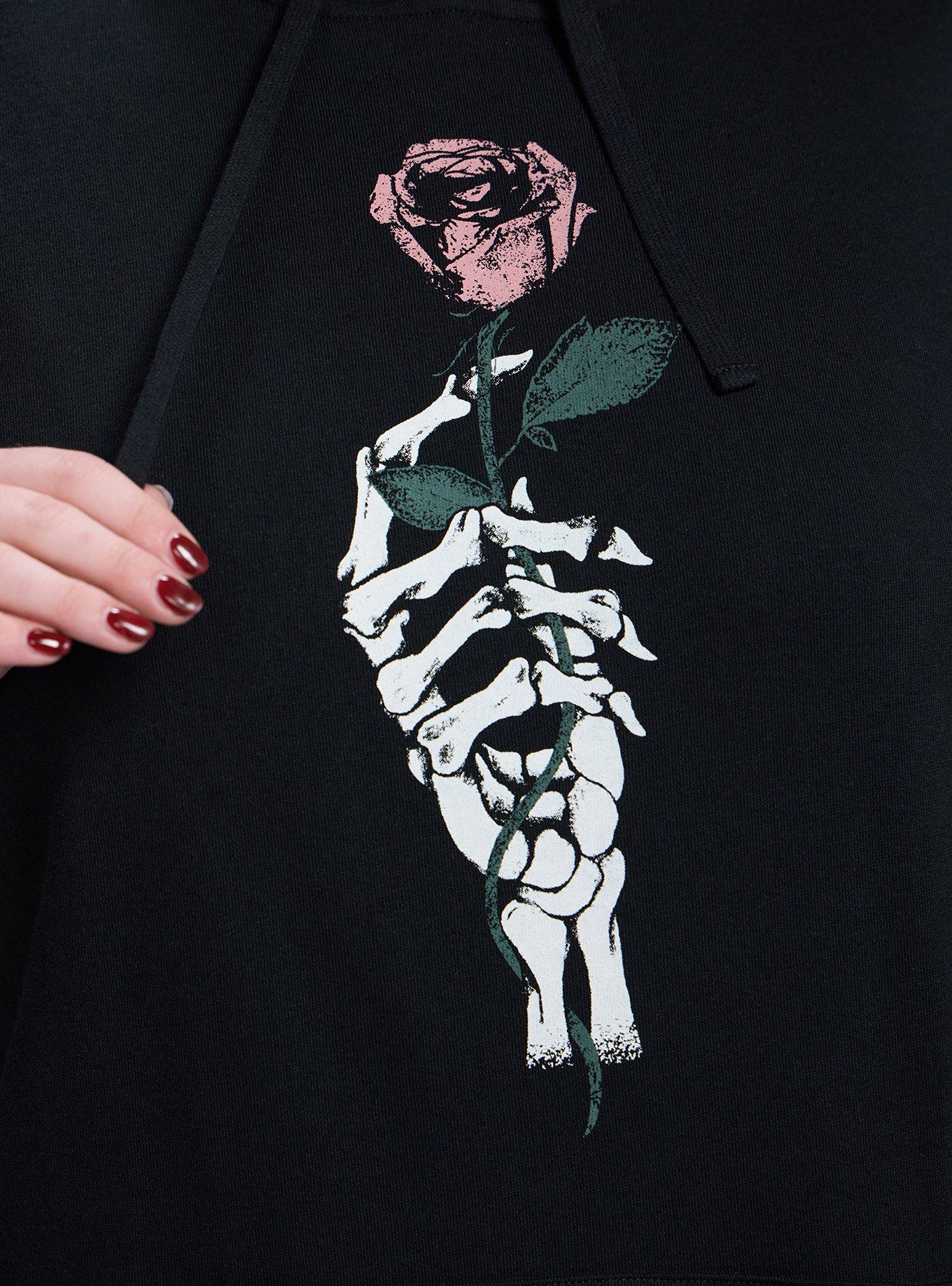 Nightfall Cozy Fleece Hoodie, SKELETON ROSE HAND DEEP BLACK, alternate