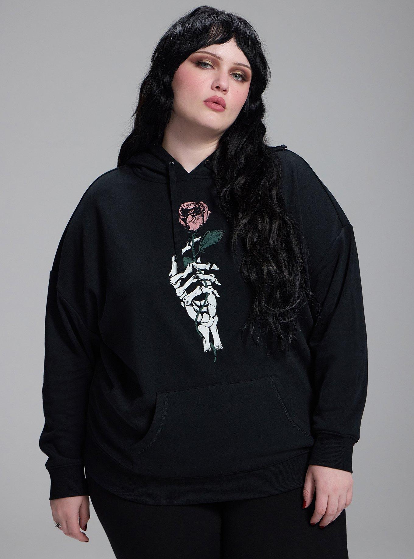 Nightfall Cozy Fleece Hoodie, SKELETON ROSE HAND DEEP BLACK, hi-res
