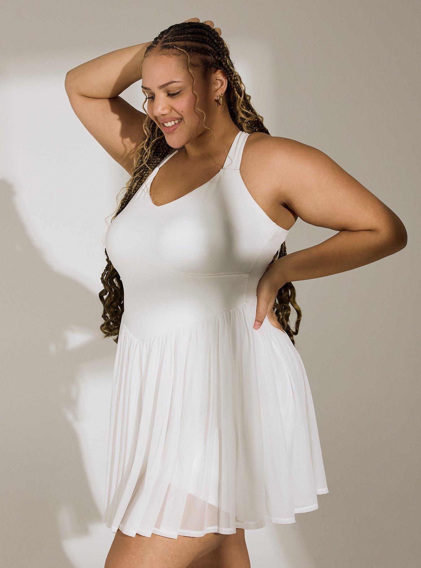Plus Size TRU Performance Core Mesh Ruffle 2fer Active Dress, BLANC DE BLANC, hi-res