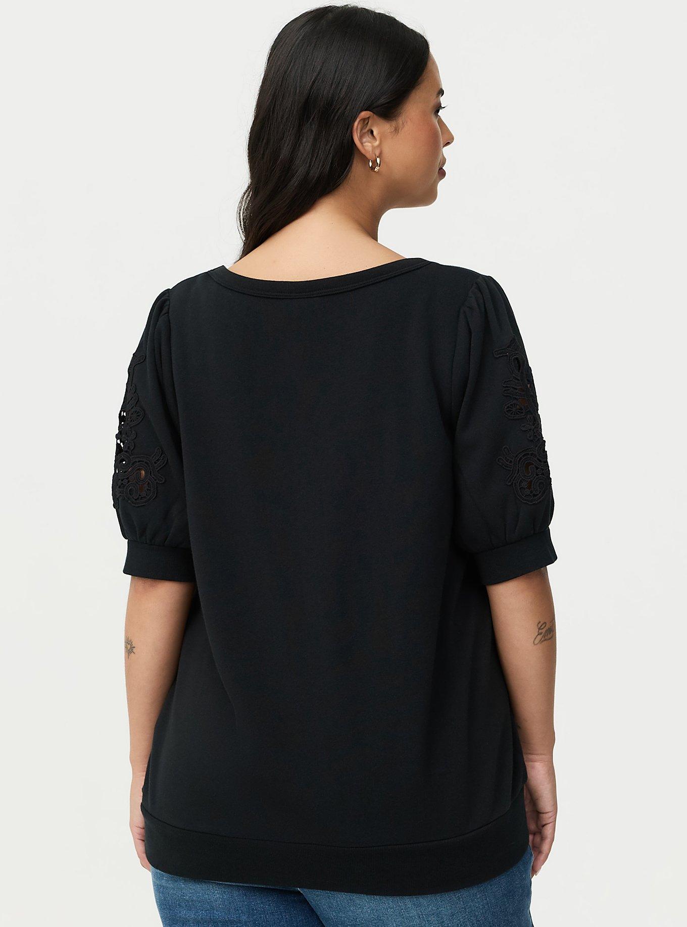 Cozy Fleece V-Neck Crochet Sweatshirt, DEEP BLACK, alternate