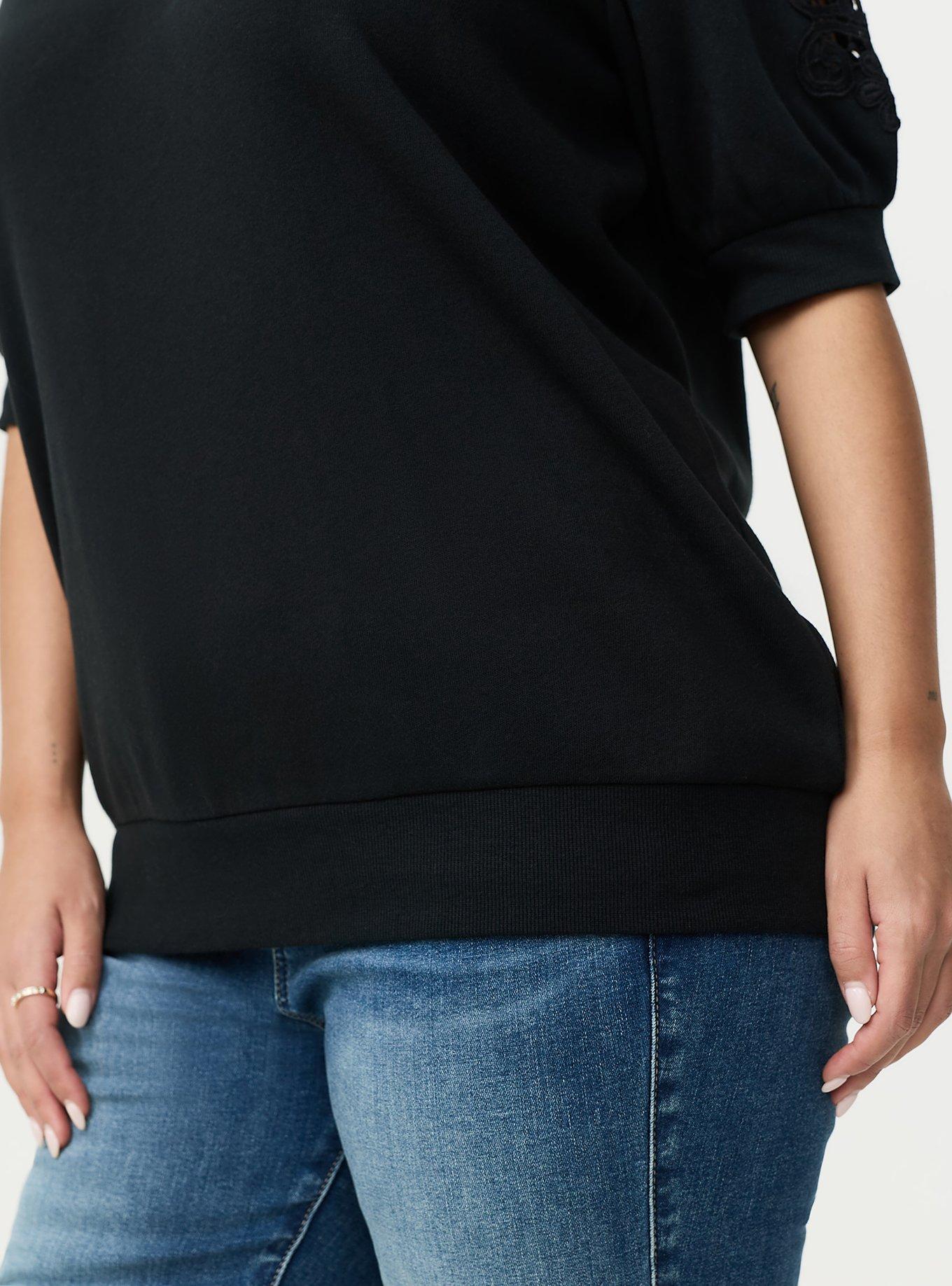 Cozy Fleece V-Neck Crochet Sweatshirt, DEEP BLACK, alternate