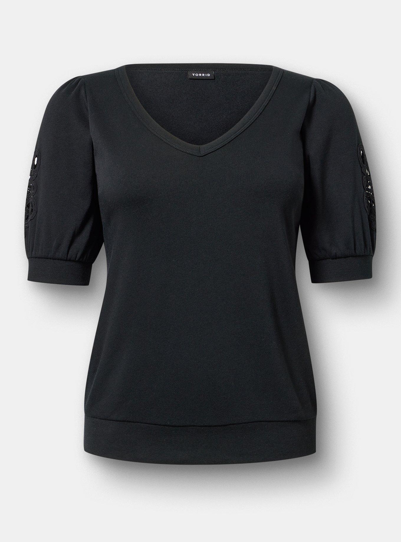 Cozy Fleece V-Neck Crochet Sweatshirt, DEEP BLACK, hi-res