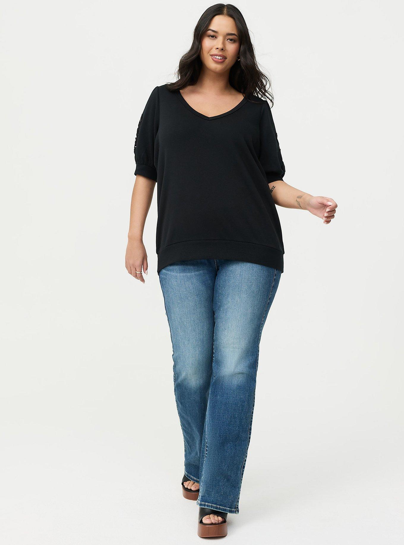 Plus Size Cozy Fleece V-Neck Crochet Sweatshirt, DEEP BLACK, hi-res