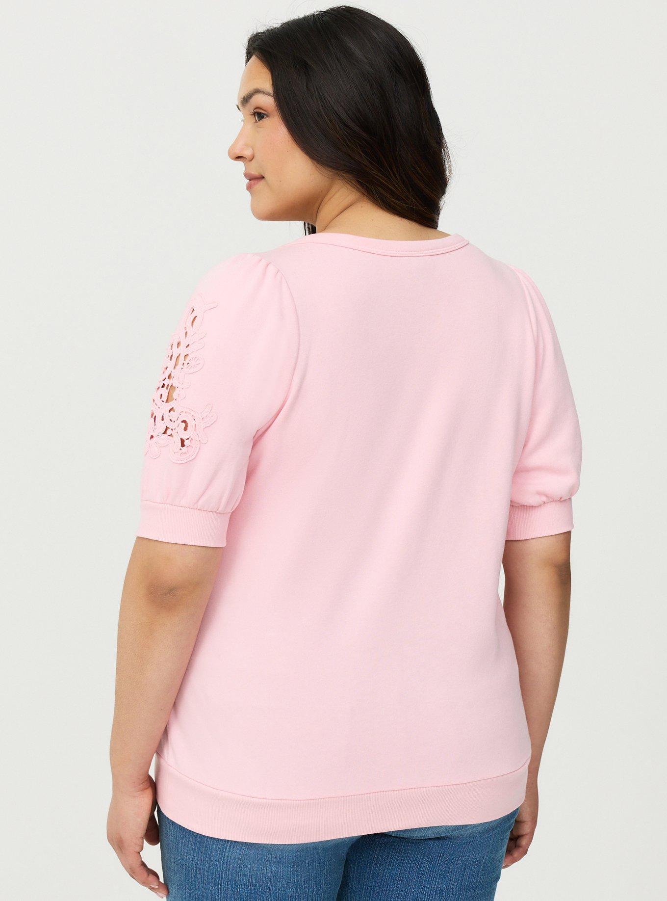 Cozy Fleece V-Neck Crochet Sweatshirt, TICKLED PINK, alternate